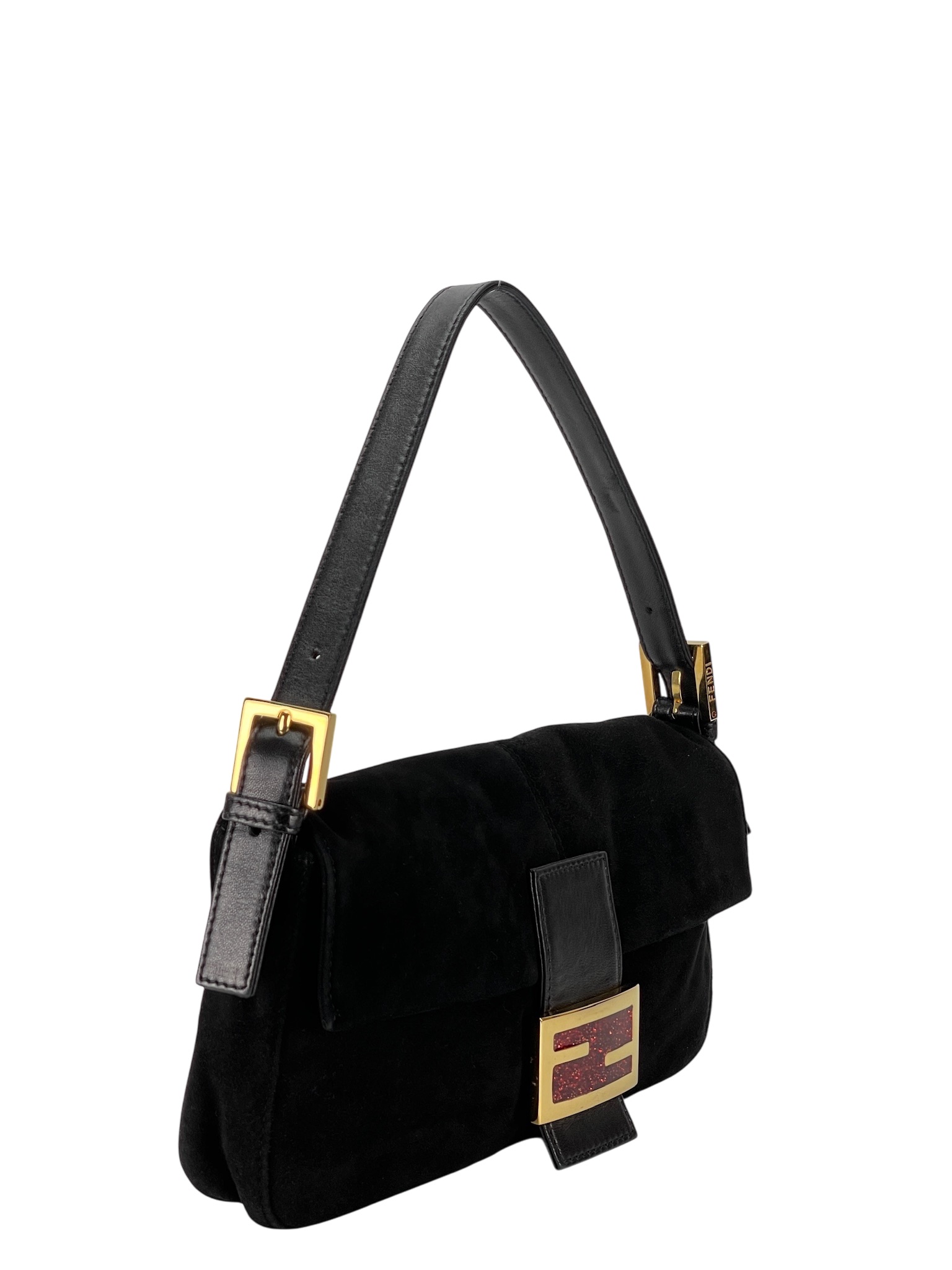 FENDI - Black Suede Baguette Handbag Gold Hardware