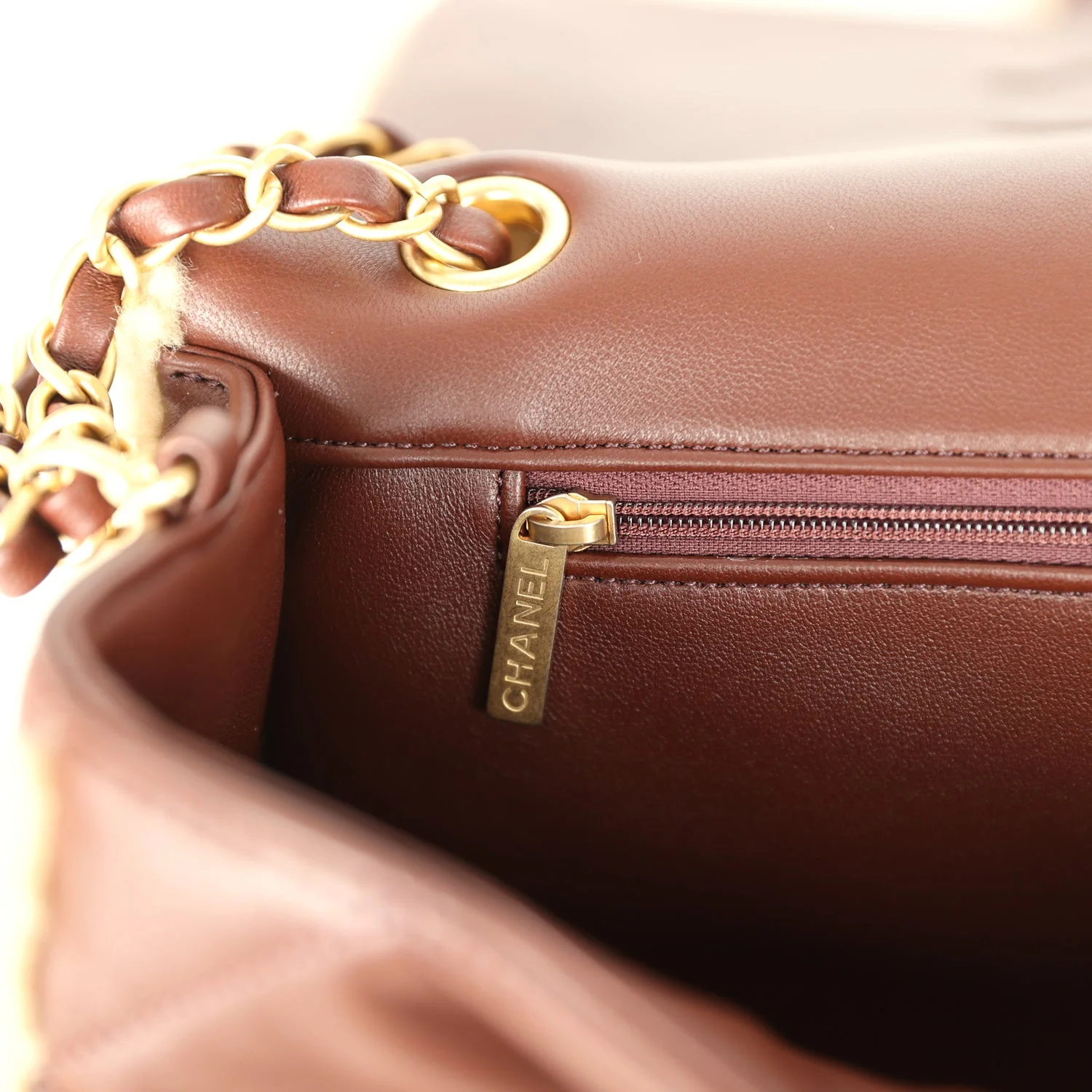 Chanel Large Shearling Flap Bag Dark Brown Lambskin and Beige Shearling Brushed Gold Hardware