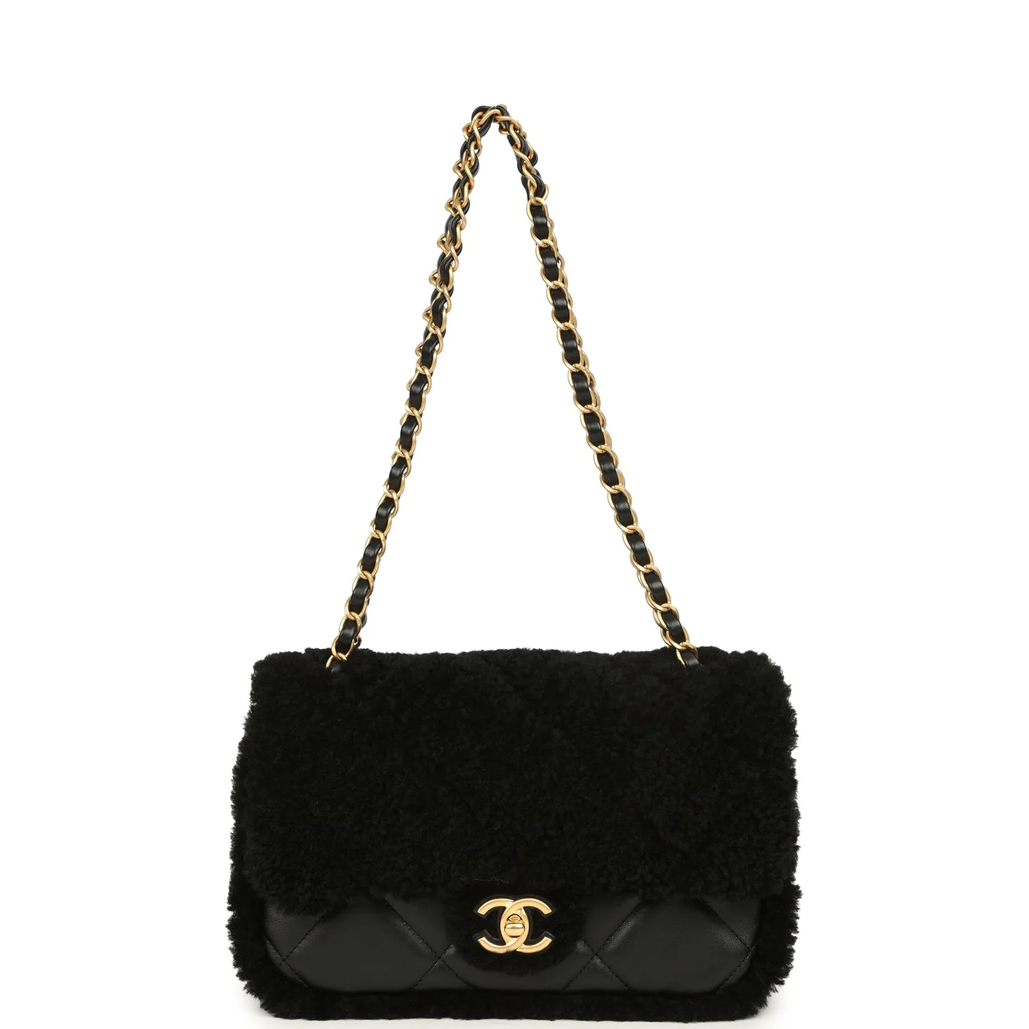 Chanel Medium Shearling Flap Bag Black Lambskin Brushed Gold Hardware