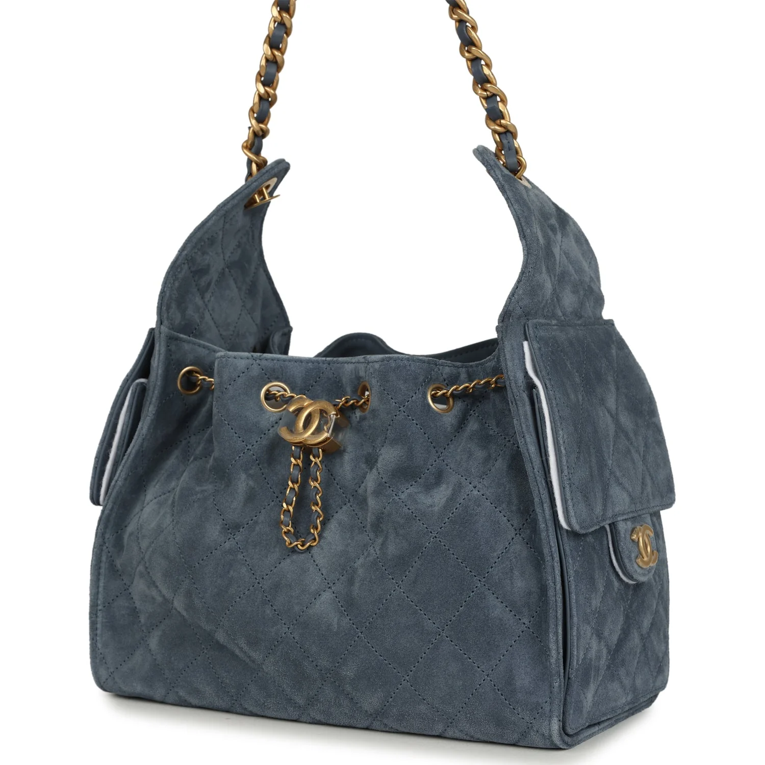 Chanel Small 25 Hobo Bag Blue Suede Antique Gold Hardware