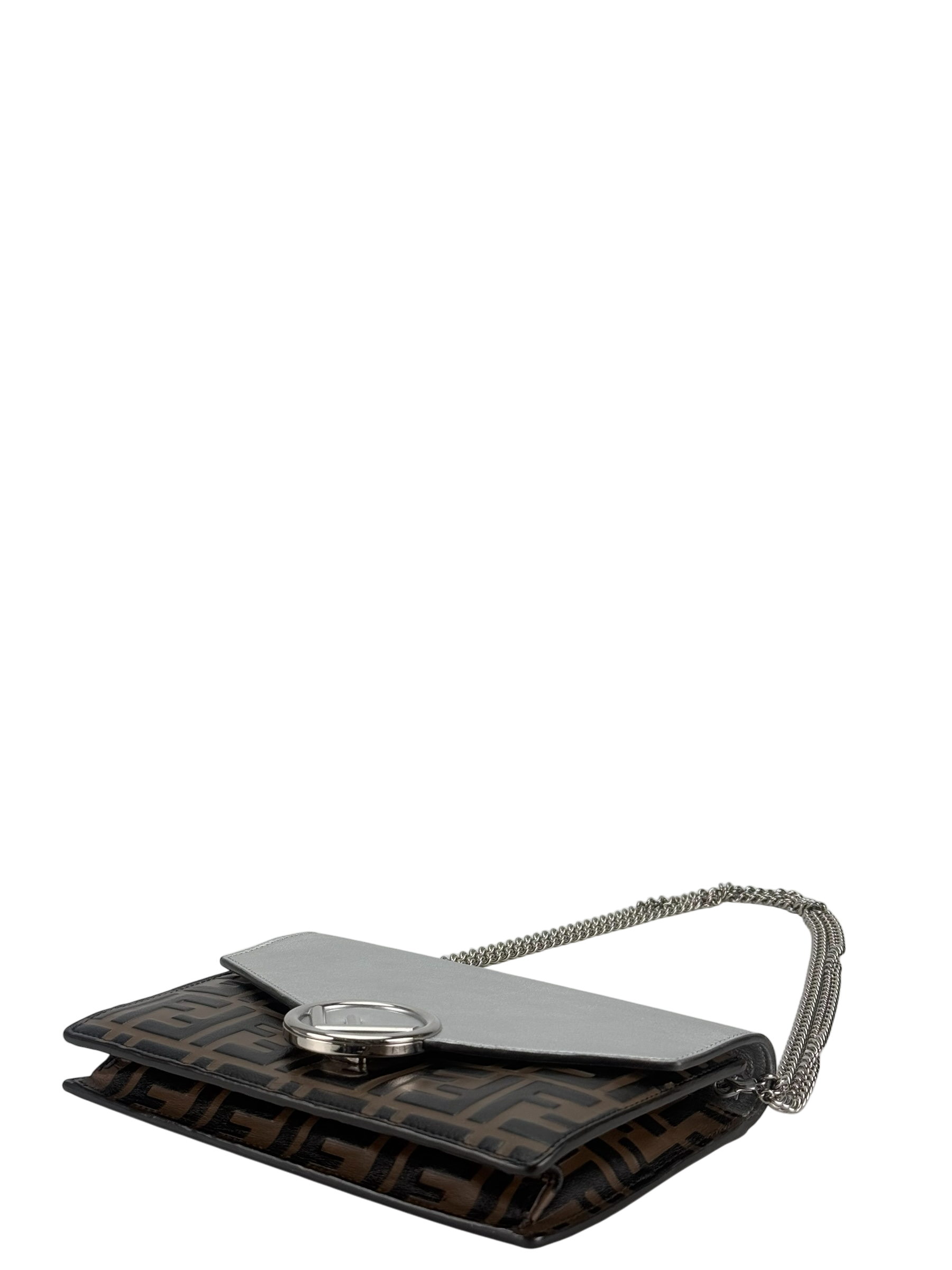 FENDI - Sliver FF Wallet On Chain leather Canvas handbag