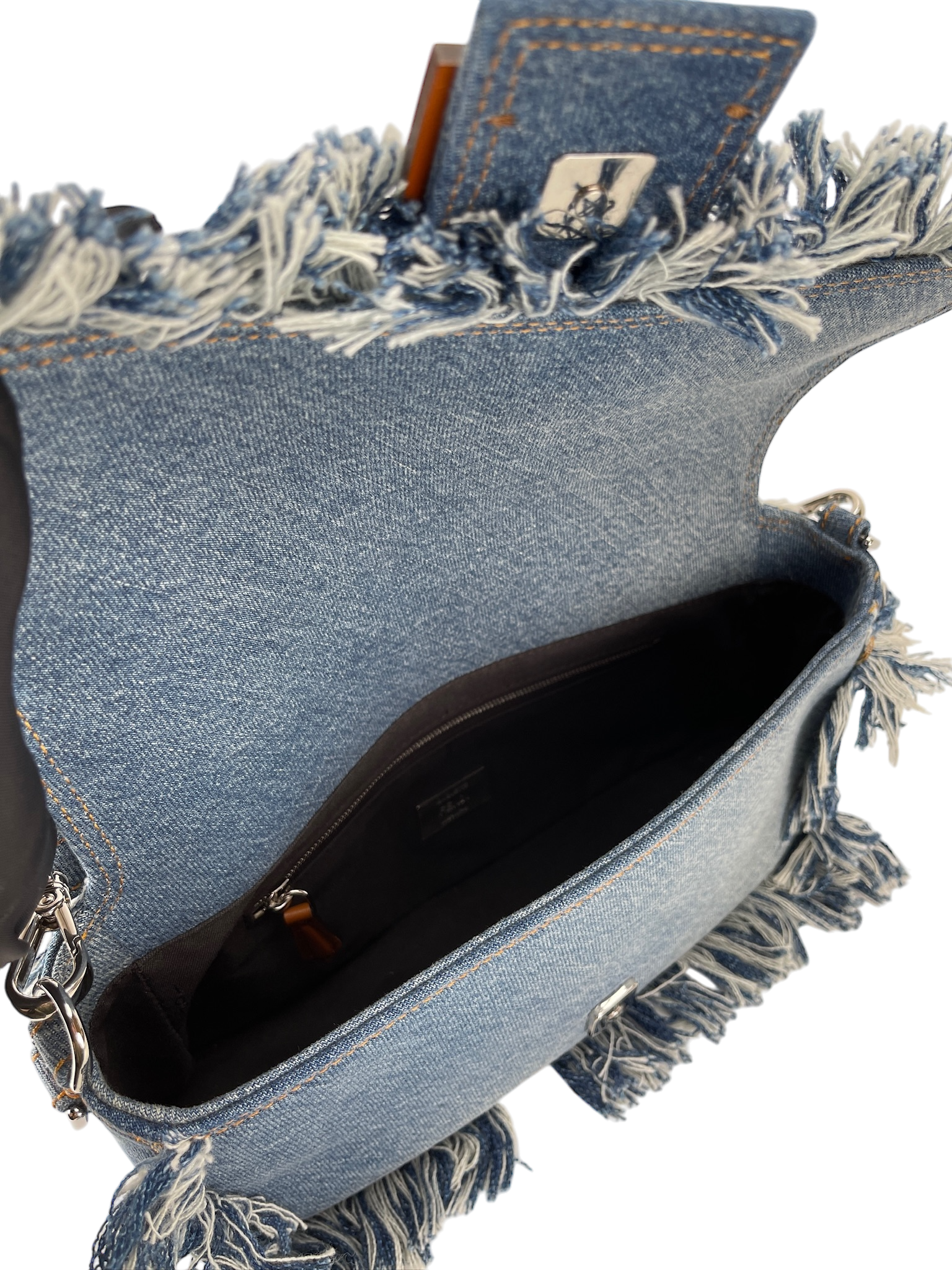 FENDI - Light Denim Lavato Leather Frayed Baguette Shoulder Bag
