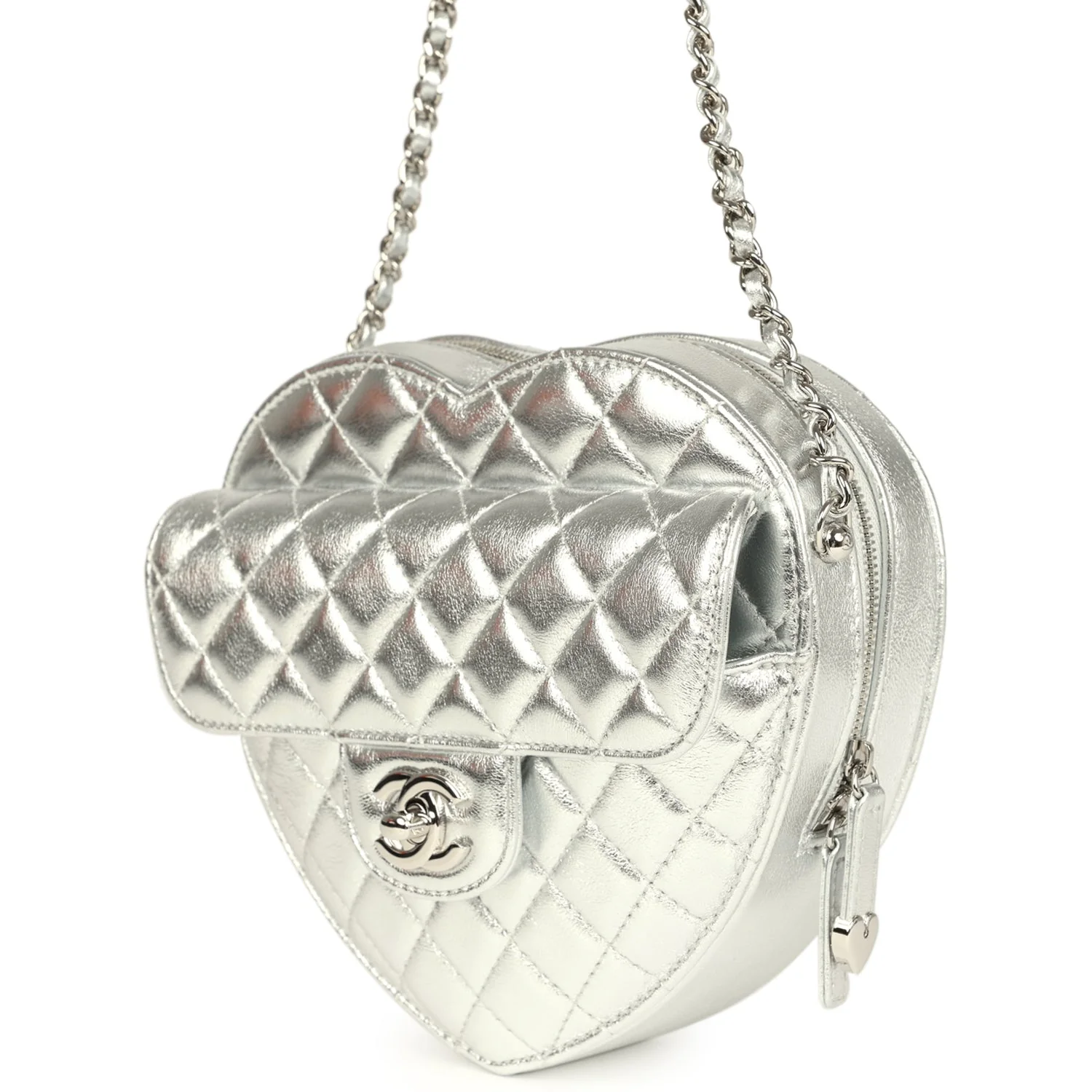 Chanel CC In Love Large Heart Bag with Chain Silver Metallic Lambskin Silver Hardware