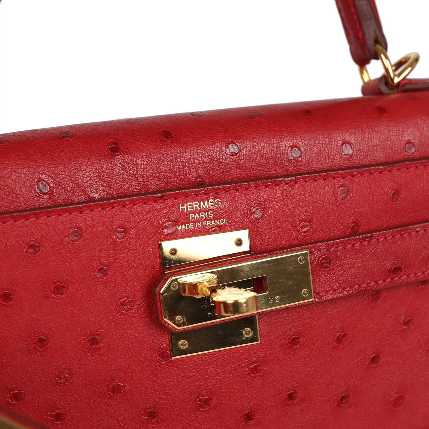 Pre-owned Hermes Kelly Sellier 28 Rouge Vif Ostrich Gold Hardware