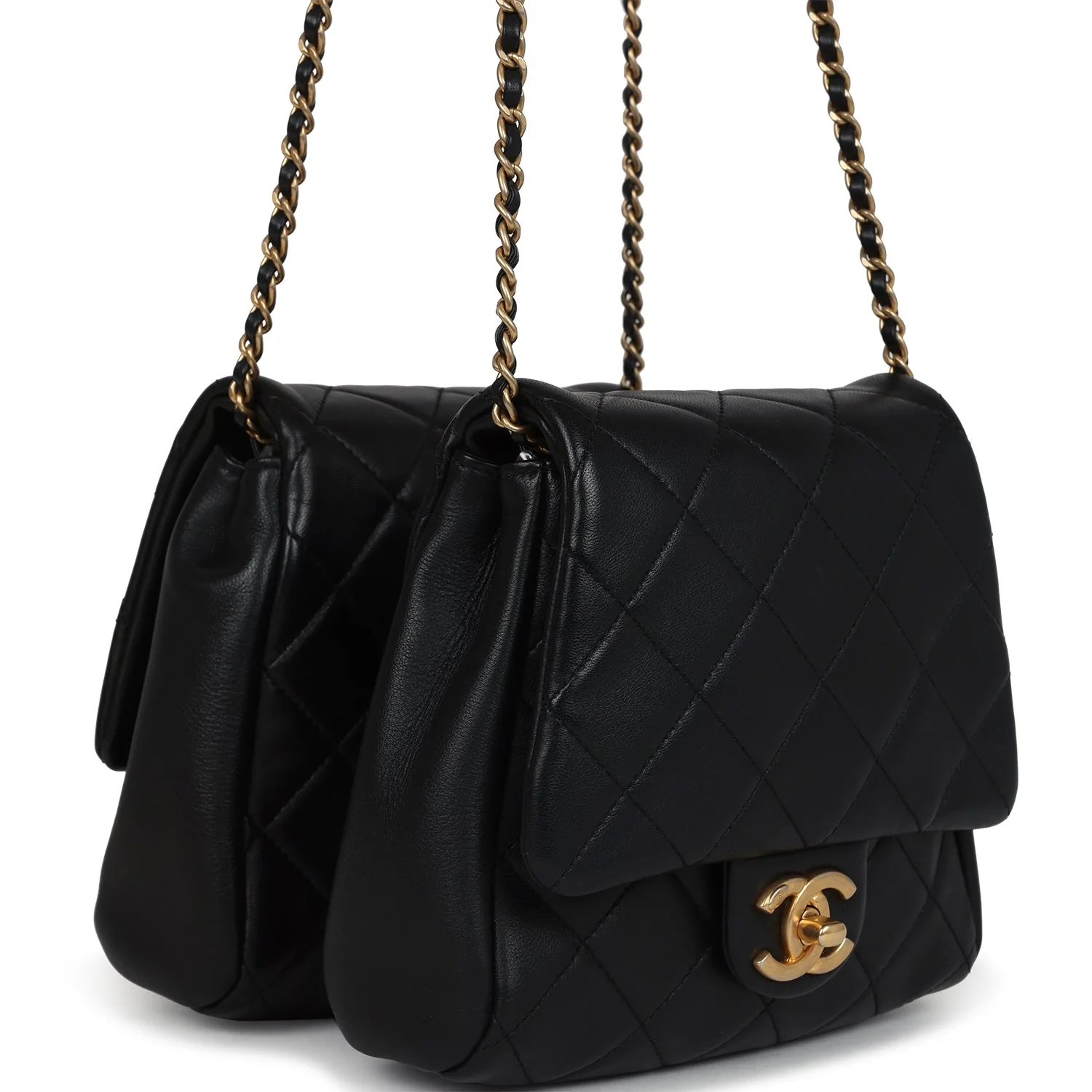 Pre-owned Chanel Twins Side Pack Black Lambskin Faux Pearls & Brushed Gold Hardware