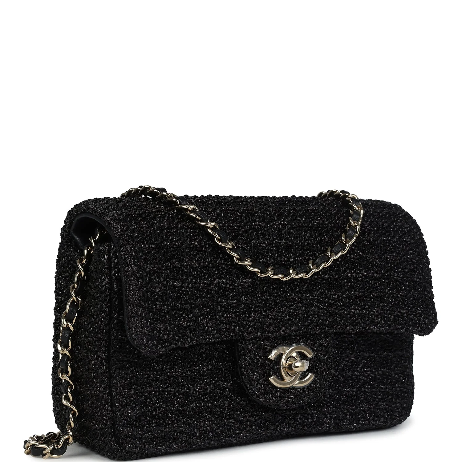 Chanel Mini Summer Nights Flap Bag Black Woven Patent Leather Light Gold Hardware