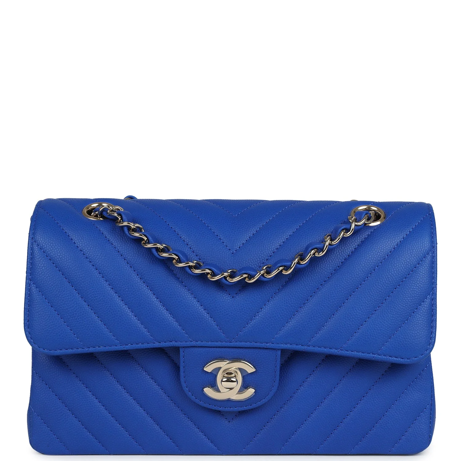 Chanel Small Classic Double Flap Blue Chevron Caviar Light Gold Hardware
