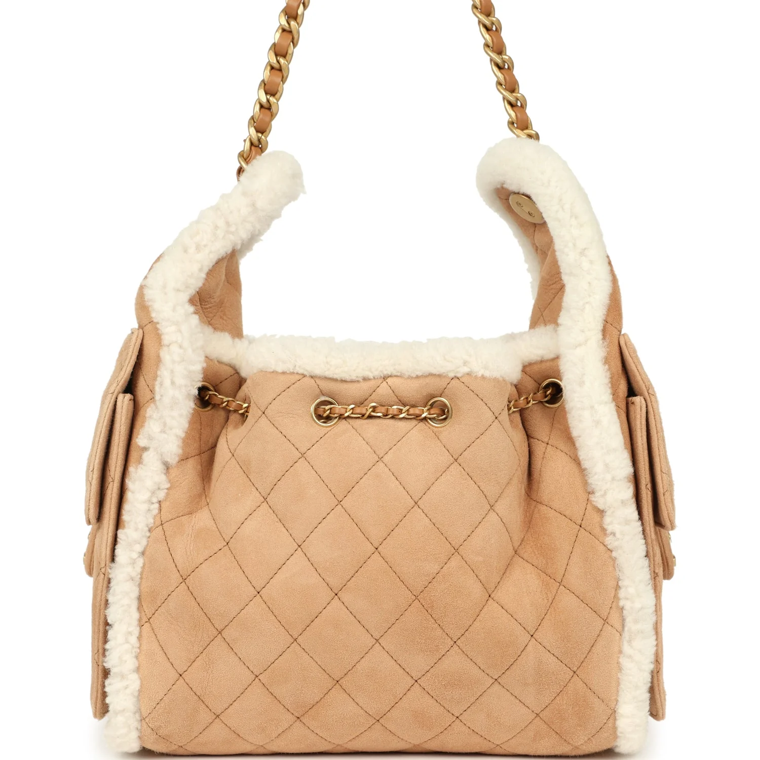 Chanel Small 25 Hobo Bag Beige Suede and White Shearling Antique Gold Hardware