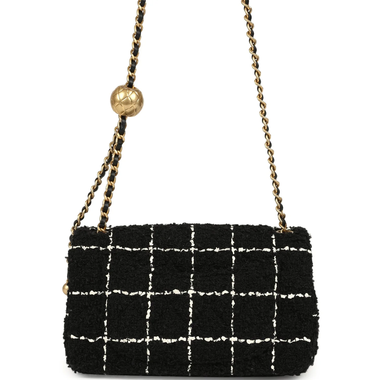 Pre-owned Chanel Mini Pearl Crush Square Flap Bag White and Black Tweed Antique Gold Hardware
