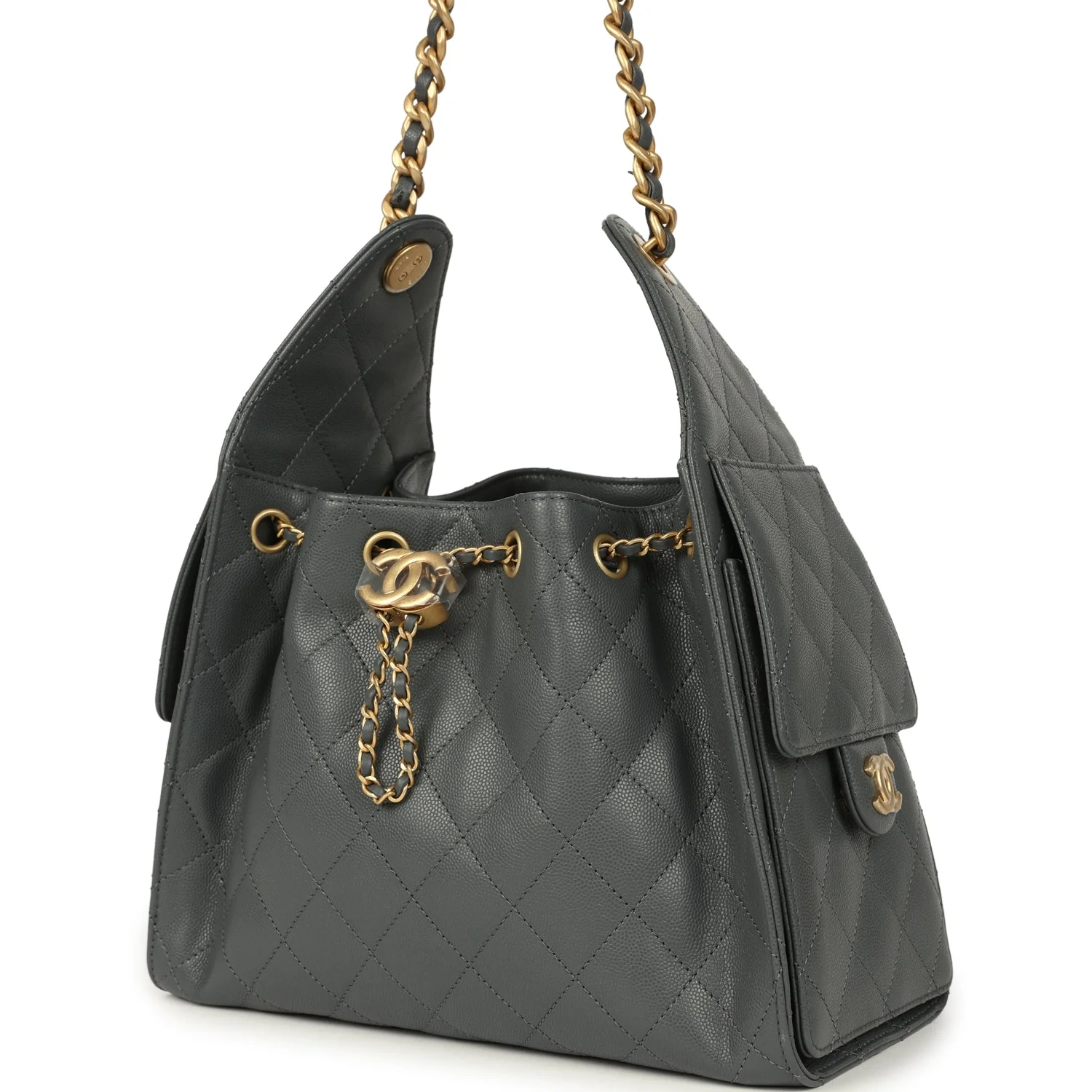 Chanel Small 25 Hobo Bag Dark Grey Caviar Antique Gold Hardware