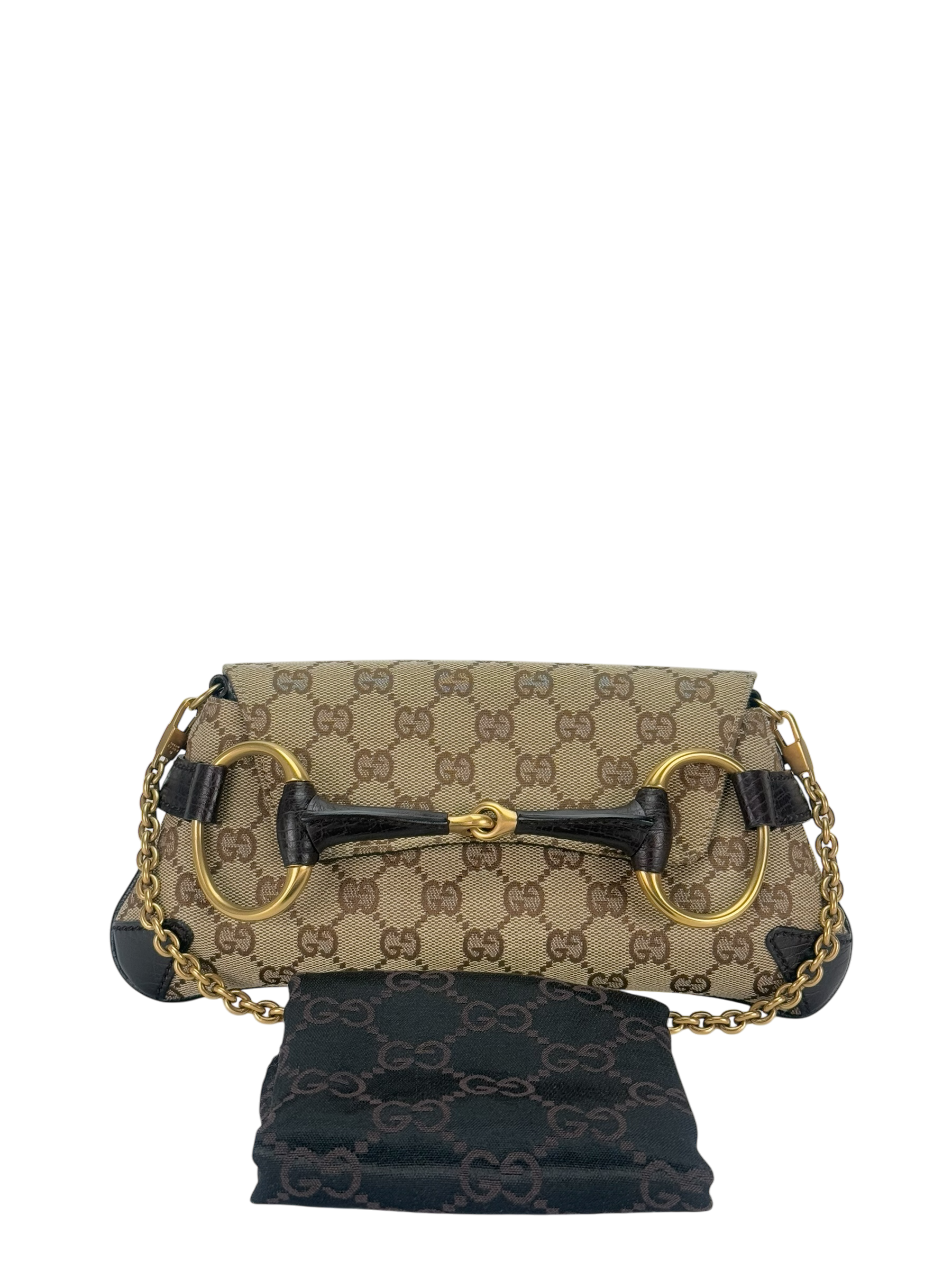 GUCCI -  Beige Brown 2WAY Horsebit Chain GG Canvas Handbag Clutch Bag