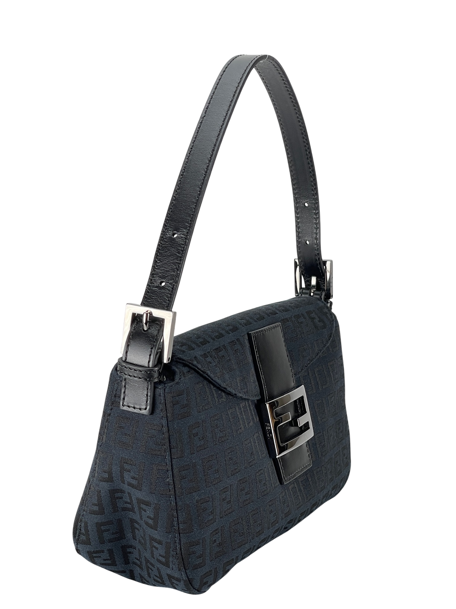 FENDI - Black Canvas Zucca Shoulder Bag Silver Hardware