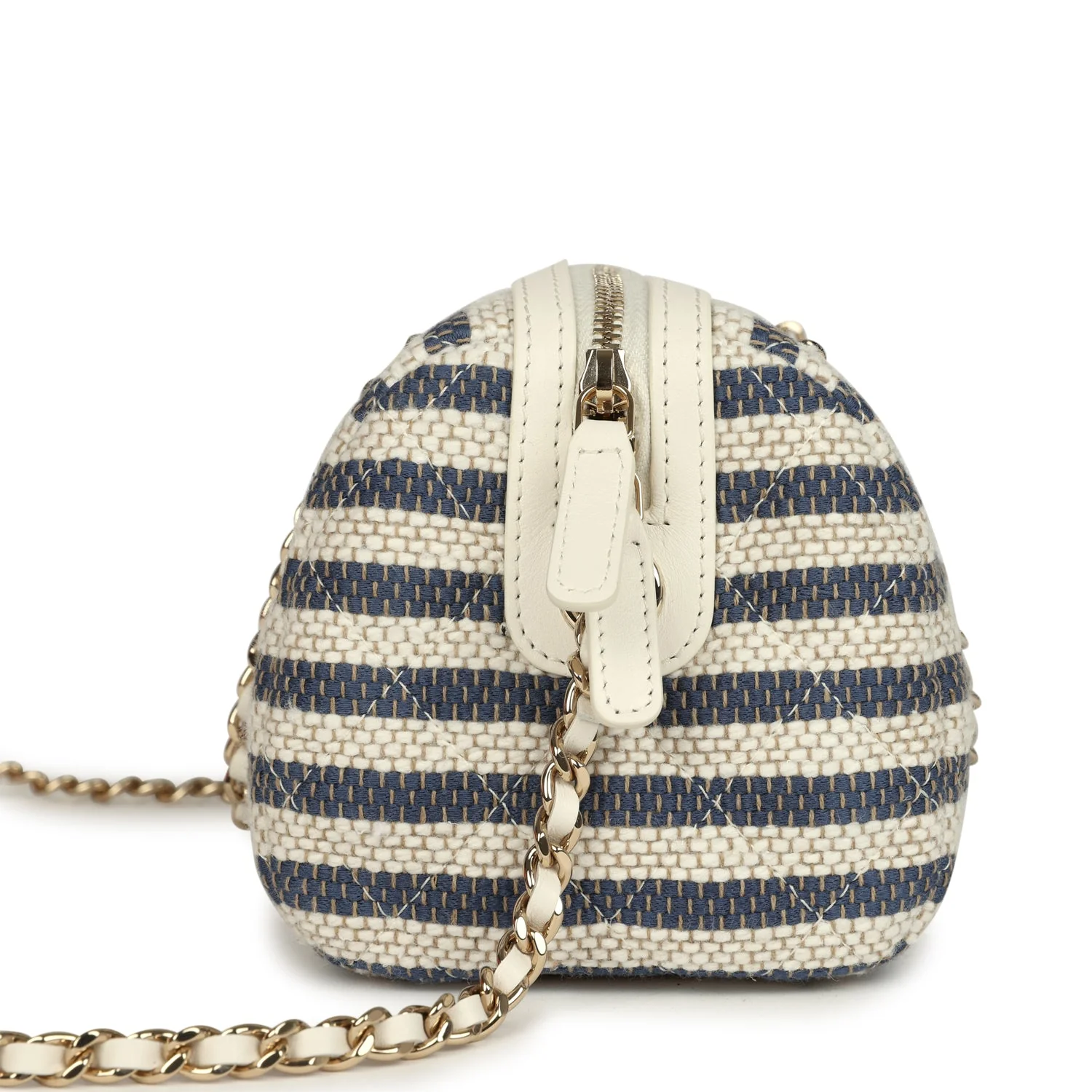 Chanel Mini Timeless Classic Barrel Bag with Chain Light Beige and Dark Blue Striped Woven Fabric Light Gold Hardware