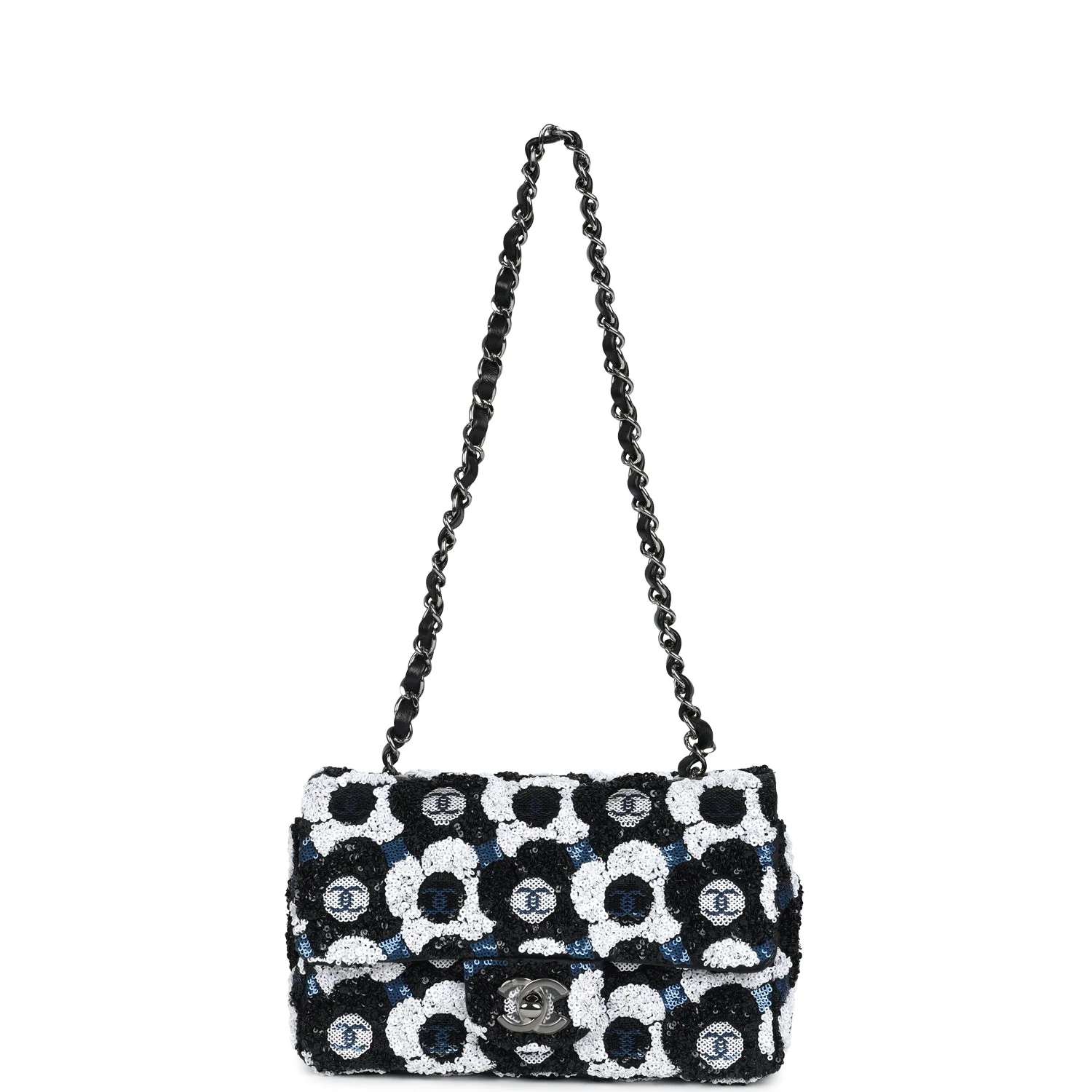 Chanel Mini Rectangular Flower Flap Bag Black, Navy and White Sequin Ruthenium Hardware