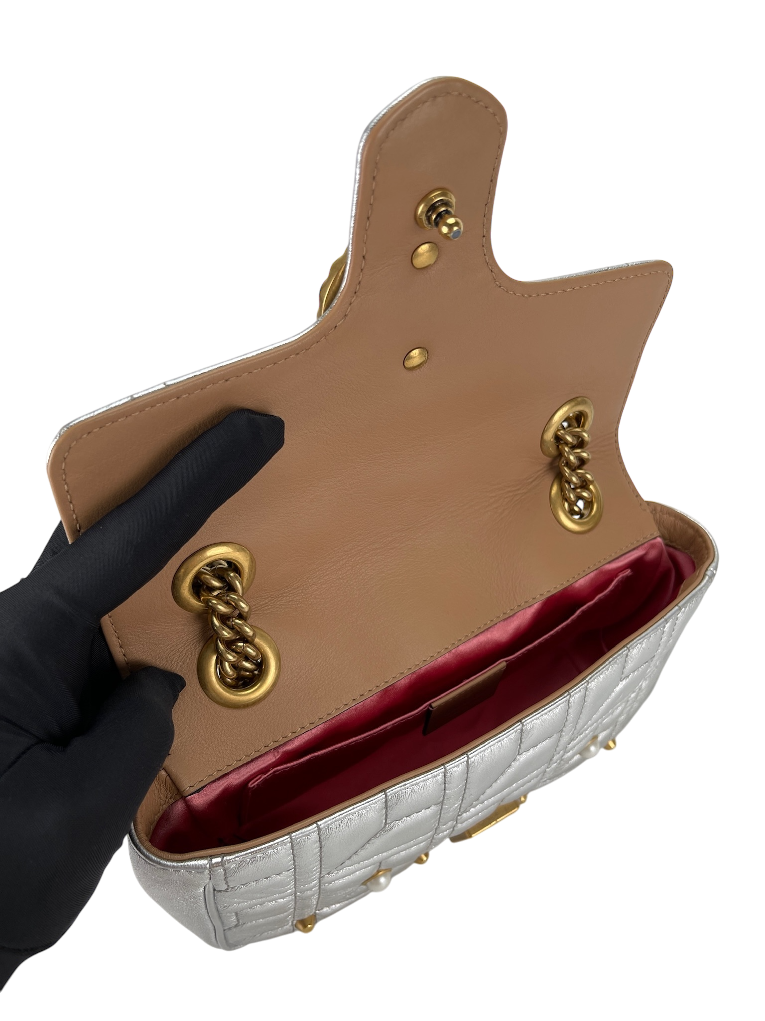 GUCCI - Matelasse Studded Mini Pearly GG Marmont Shoulder Bag Silver Metallic Calfskin