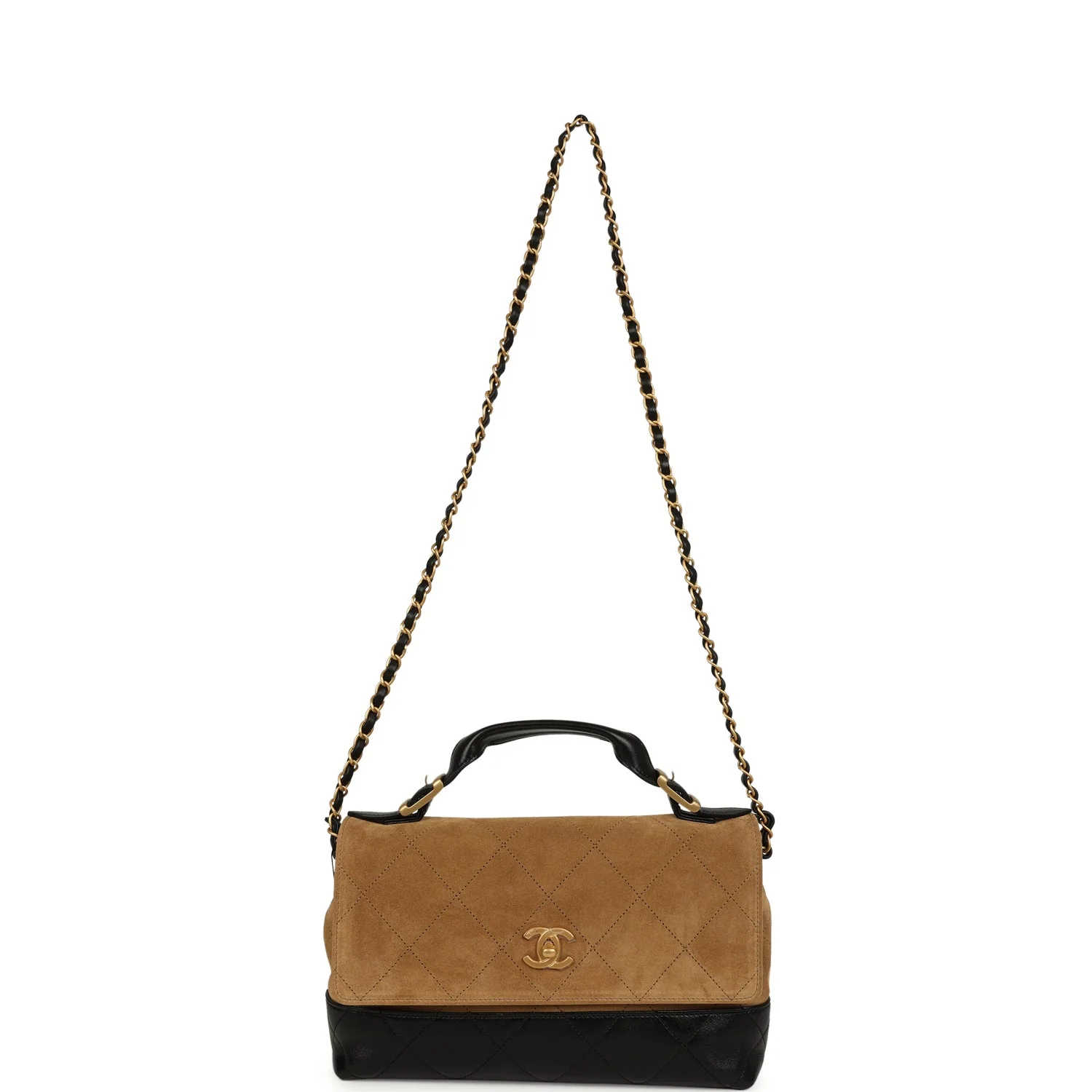 Chanel Coco Base Top Handle Flap Bag Brown Suede and Black Shiny Lambskin Brushed Gold Hardware