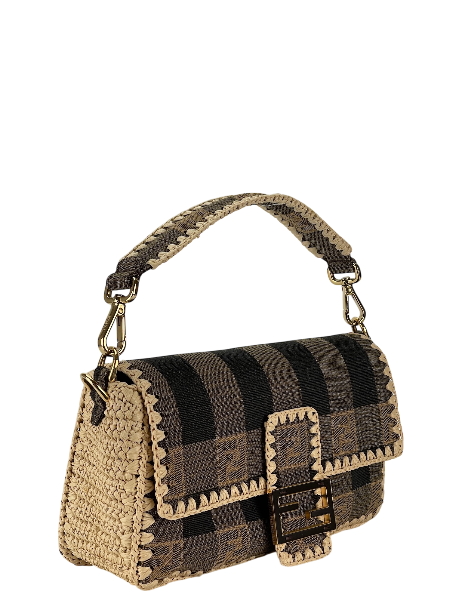 FENDI - Zucca Pecan Canvas Raffia Mamma Bucket 2Way Bag