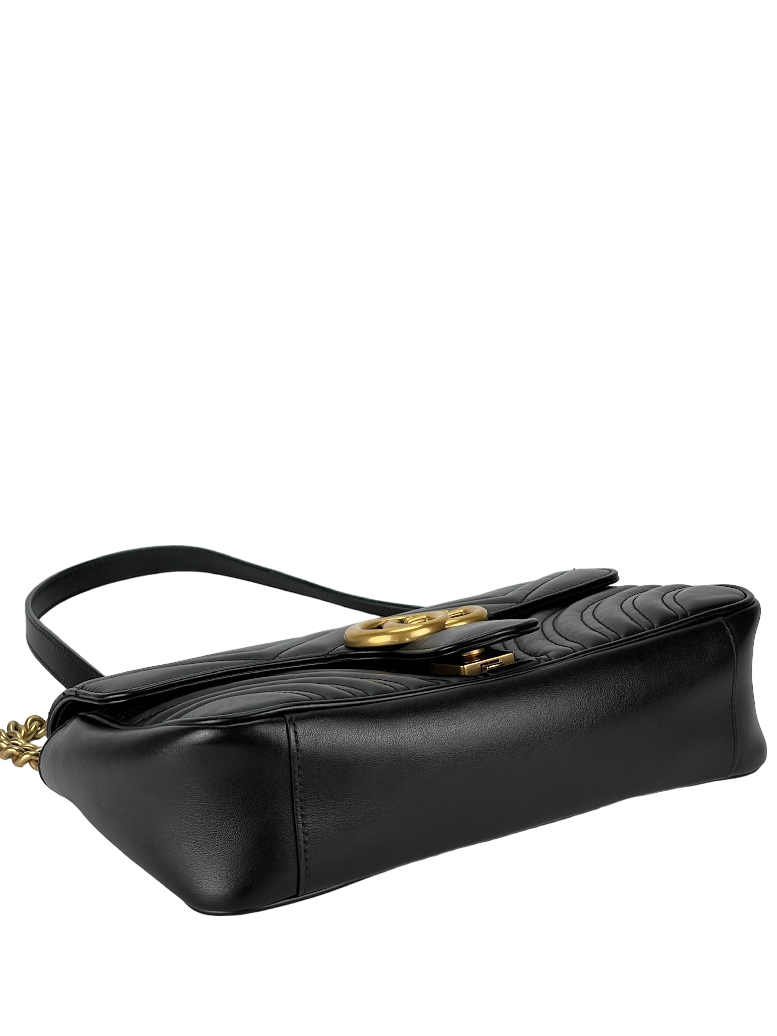 GUCCI - Black GG Marmont Medium Shoulder Bag Gold Hardware