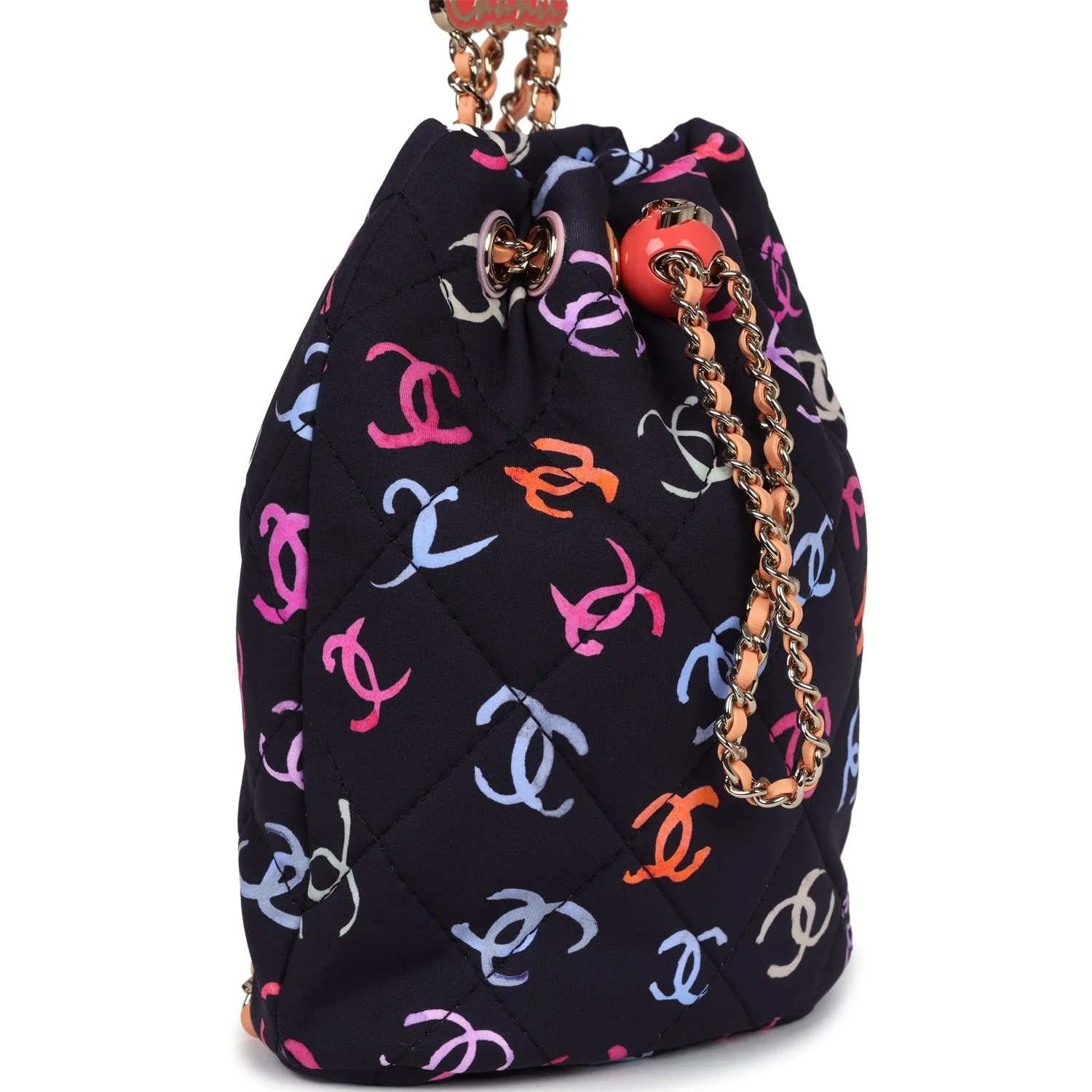 Chanel Medium CC Drawstring Backpack Multicolored Printed Fabric Light Gold Hardware