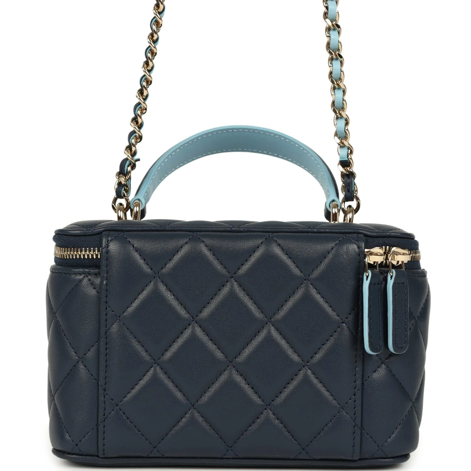 Chanel Small Top Handle Vanity Case Navy & Light Blue Lambskin Light Gold Hardware