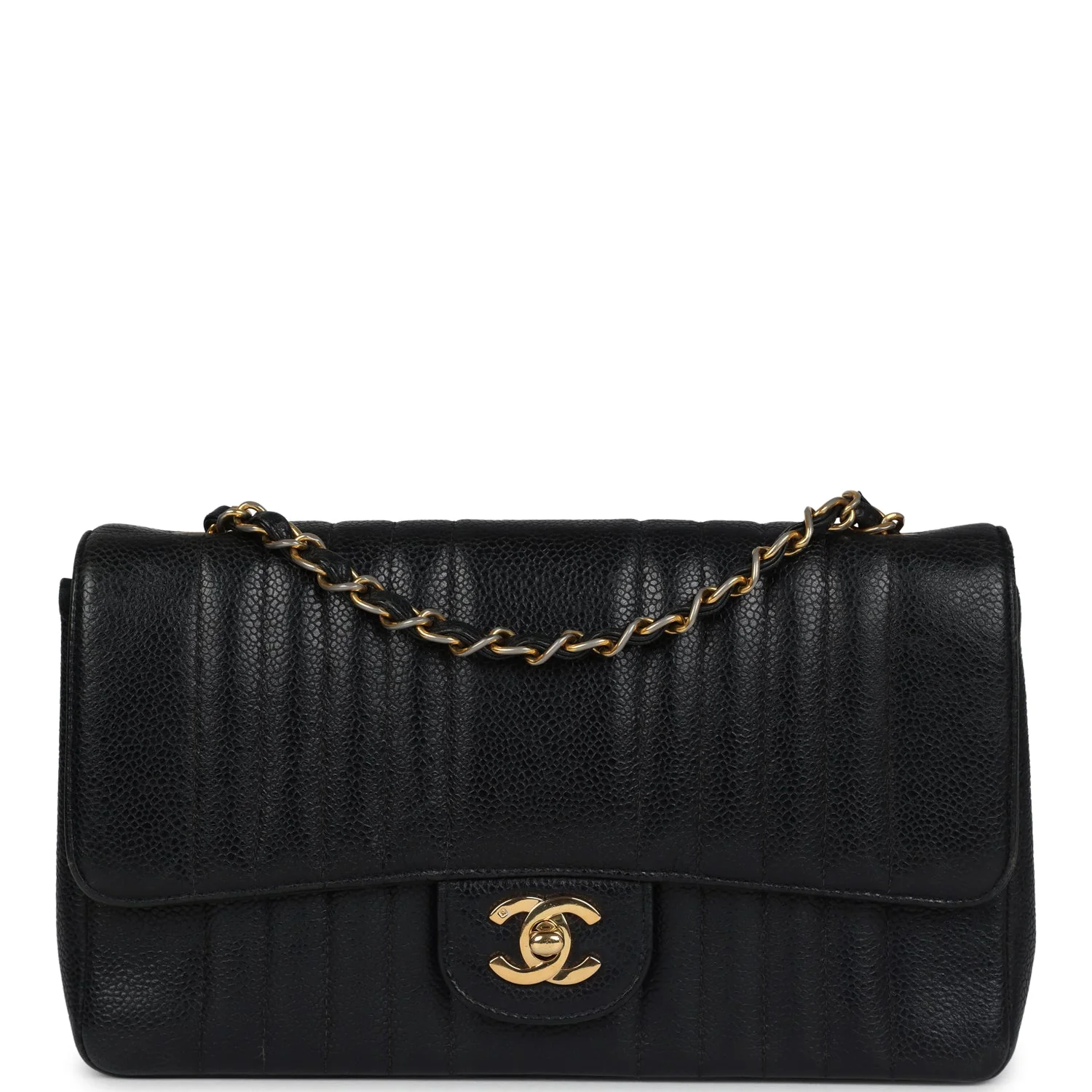 Vintage Chanel Medium Vertical Flap Bag Black Caviar Gold Hardware