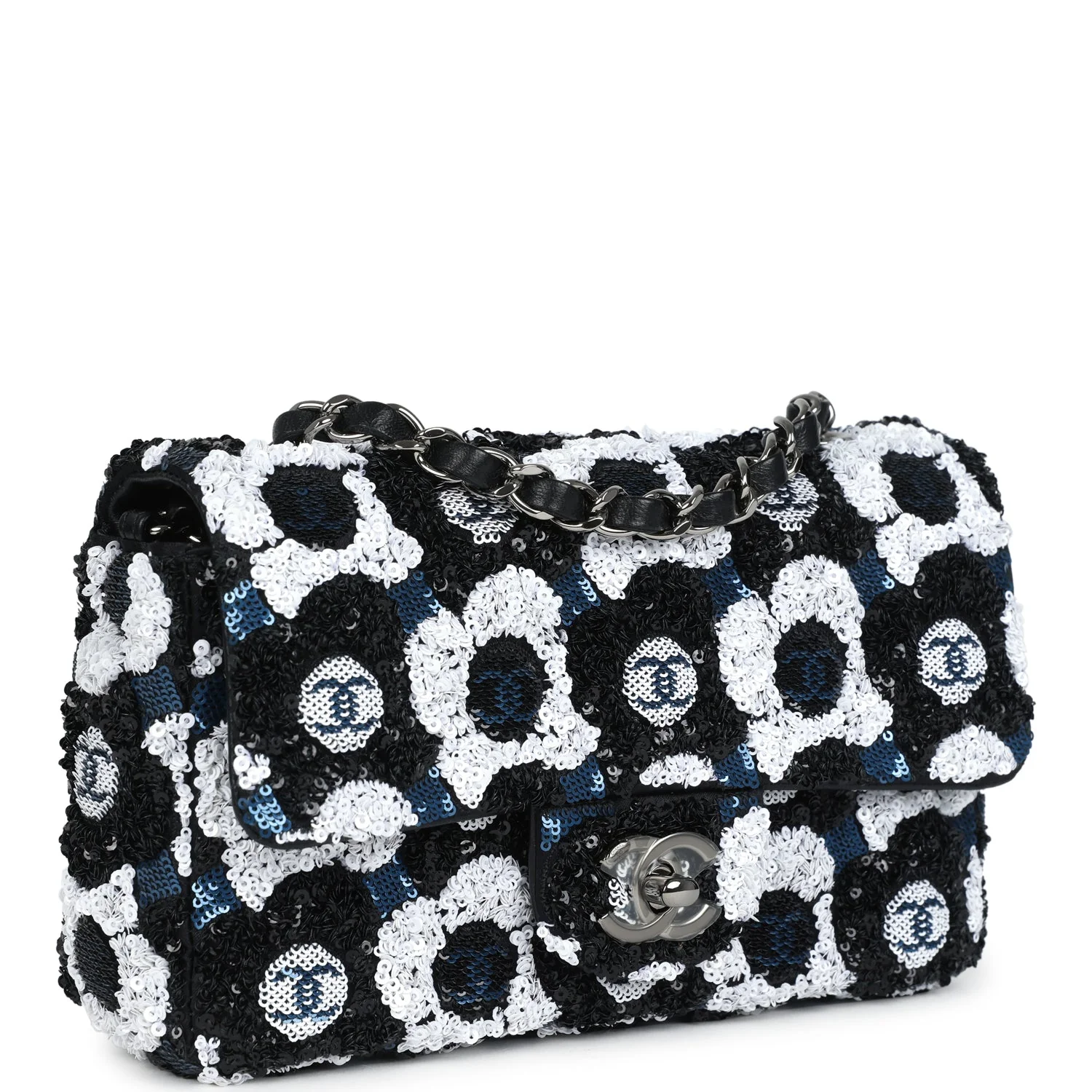 Chanel Mini Rectangular Flower Flap Bag Black, Navy and White Sequin Ruthenium Hardware