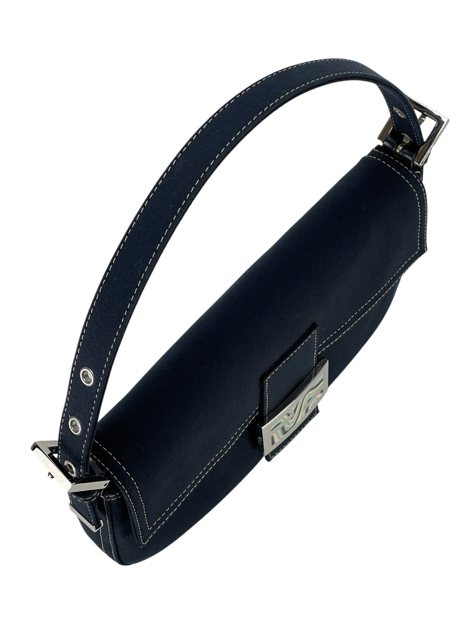 FENDI - Navy Canvas Baguette Handbag Silver-tone Hardware