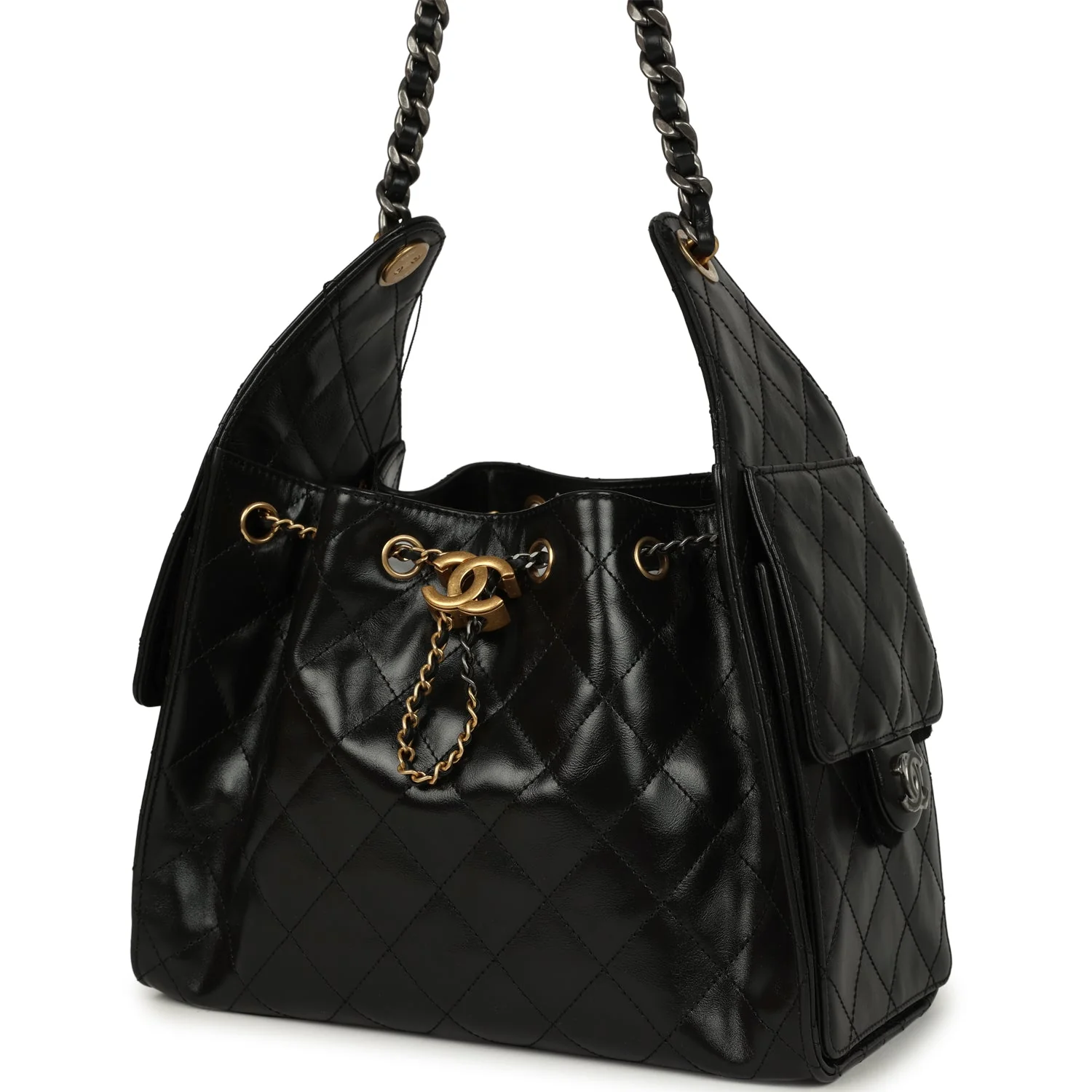 Chanel Small 25 Hobo Bag Black Shiny Crumpled Calfskin Mixed Metal Hardware