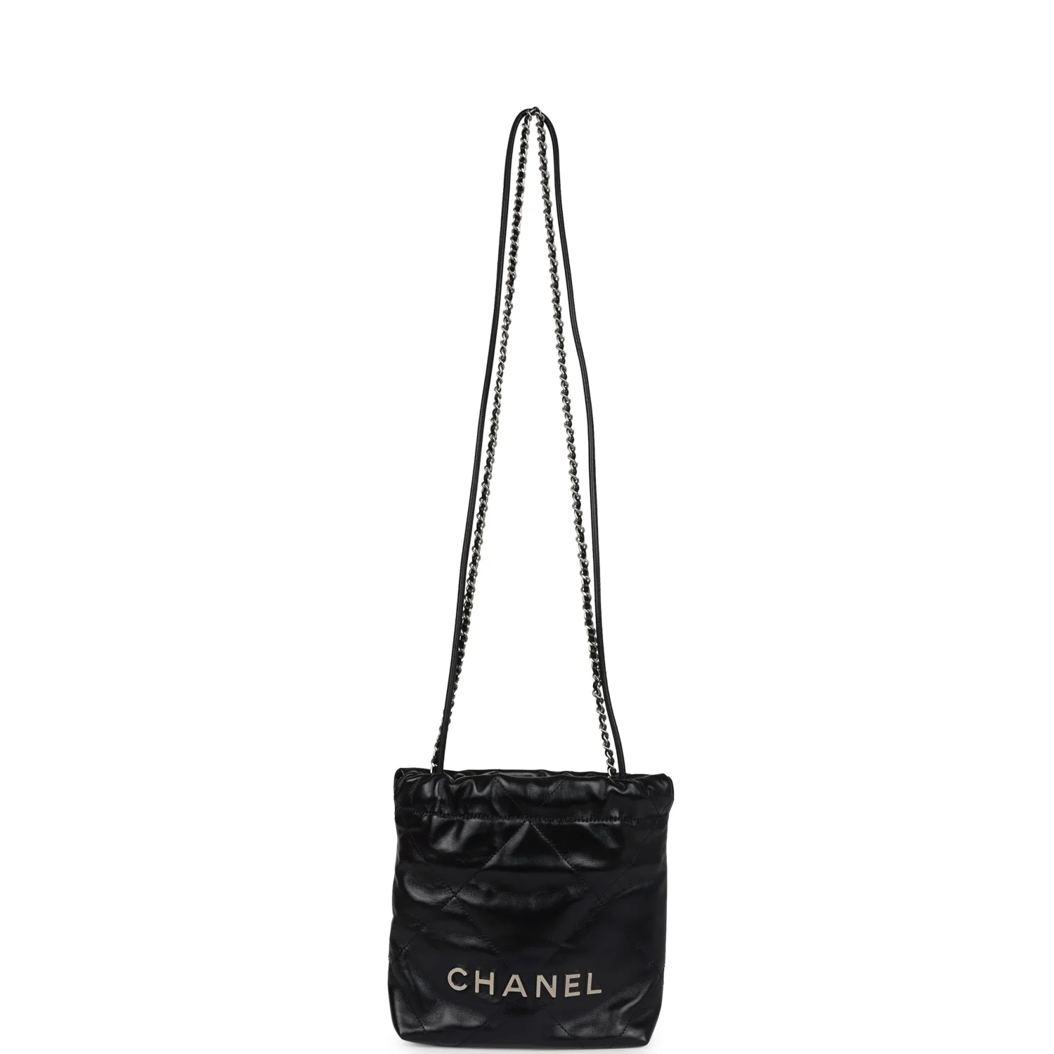 Chanel Mini 22 Bag Black Shiny Calfskin Brushed Silver Hardware