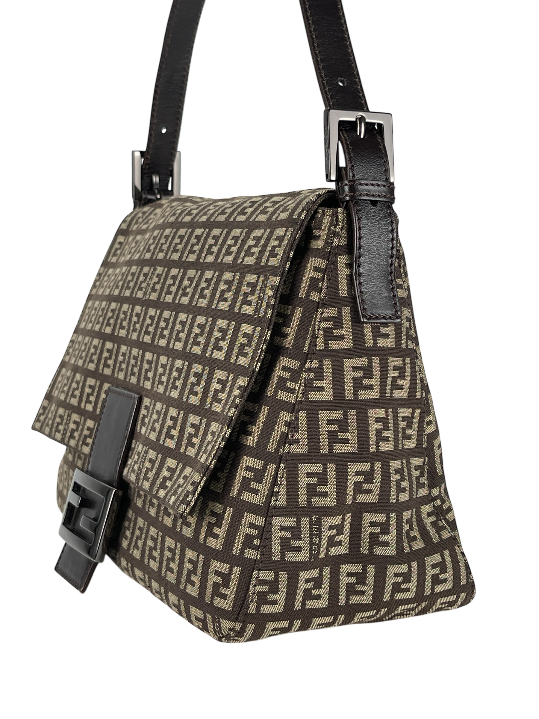 FENDI - Brown Canvas Zucca Mamma Baguette Handbag Silver Hardware