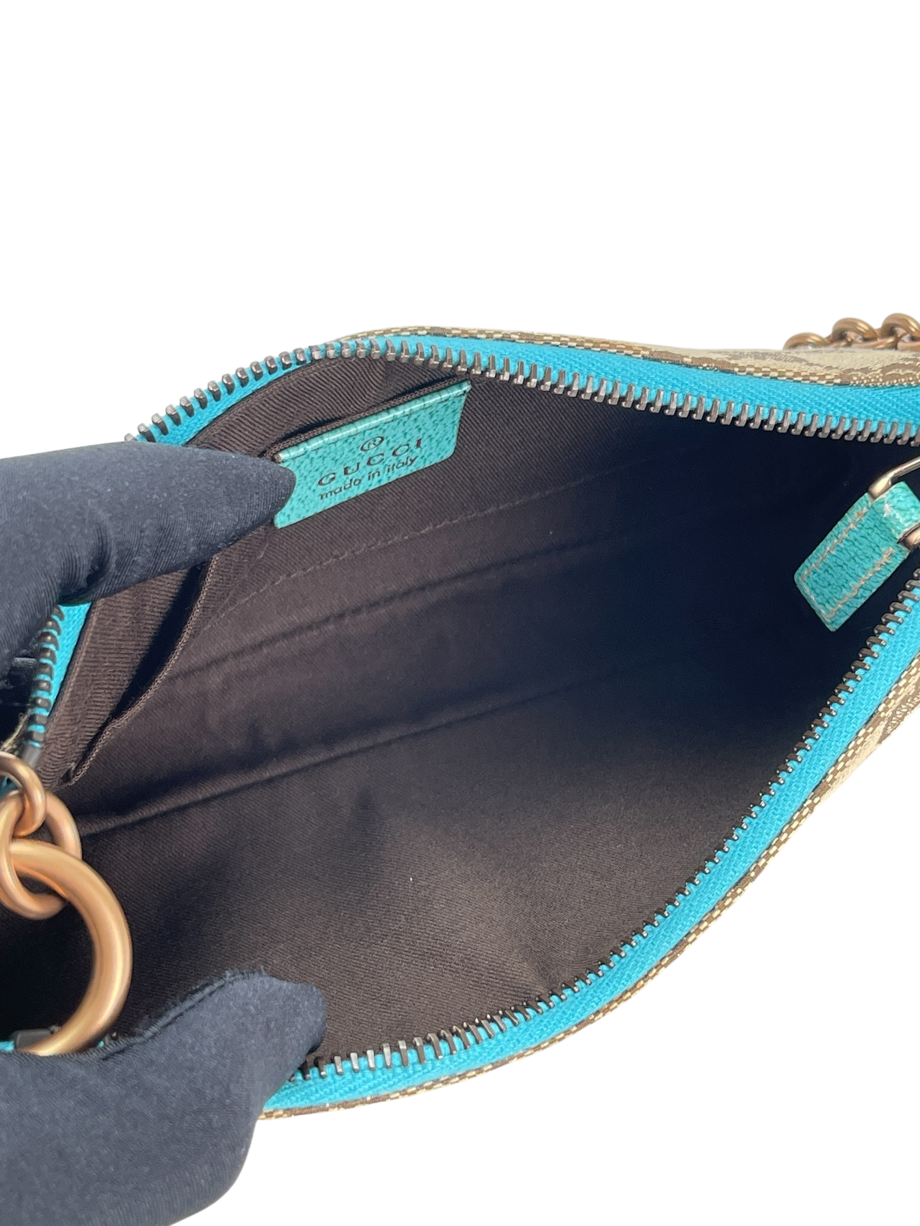 GUCCI - Beige Ophidia Blue Canvas Horsebit Nail Chain Shoulder Bag Pochette