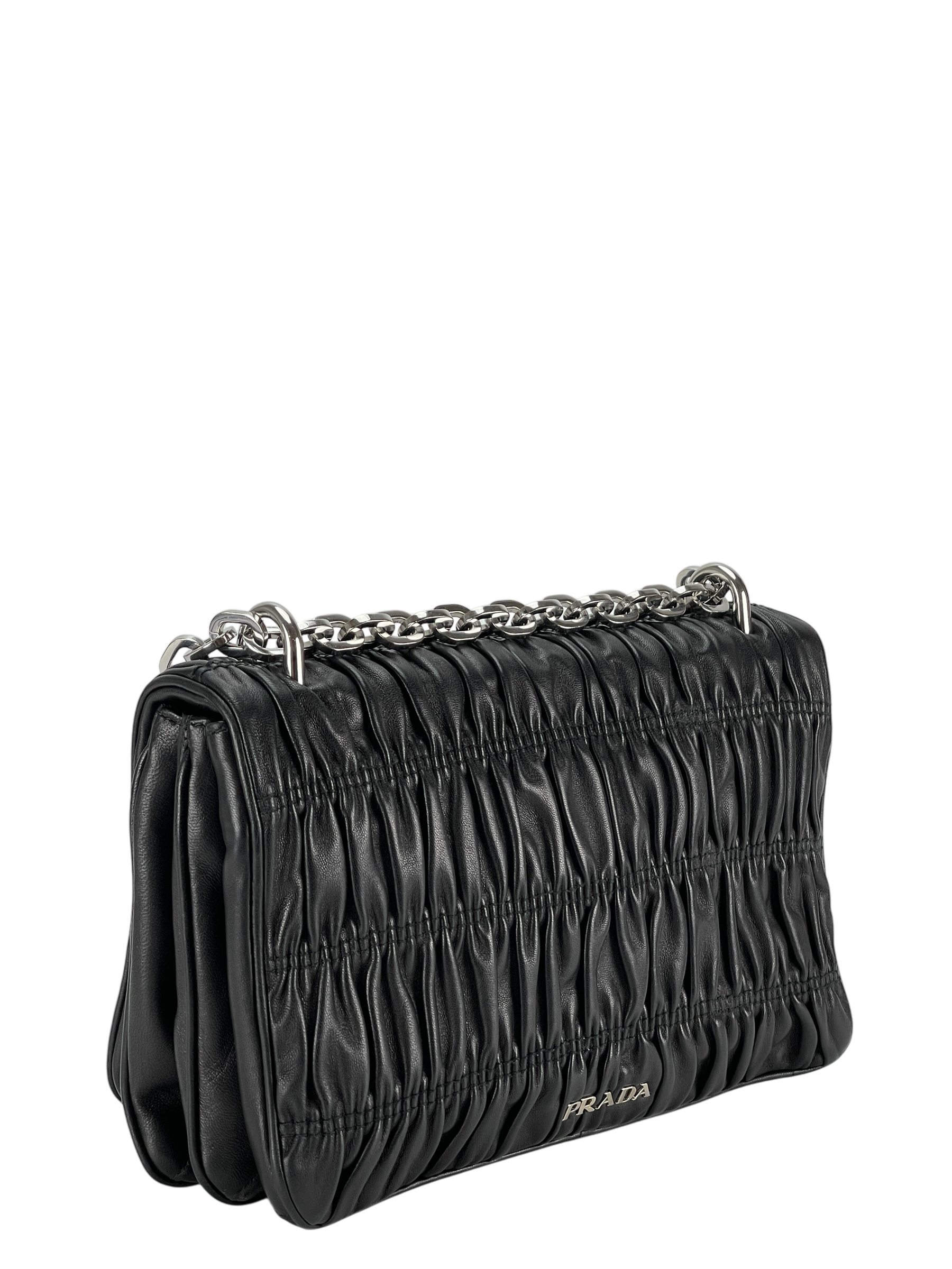 PRADA - Black  Nappa Calfskin Waffle Chain Shoulder Bag