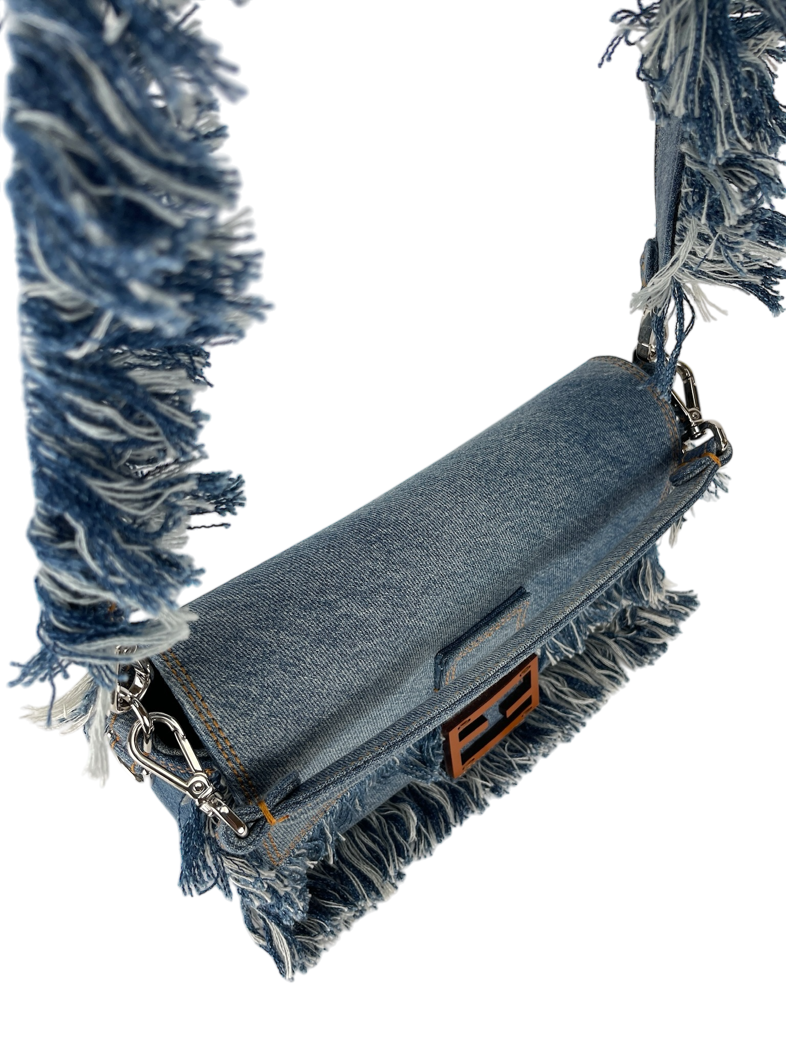 FENDI - Light Denim Lavato Leather Frayed Baguette Shoulder Bag
