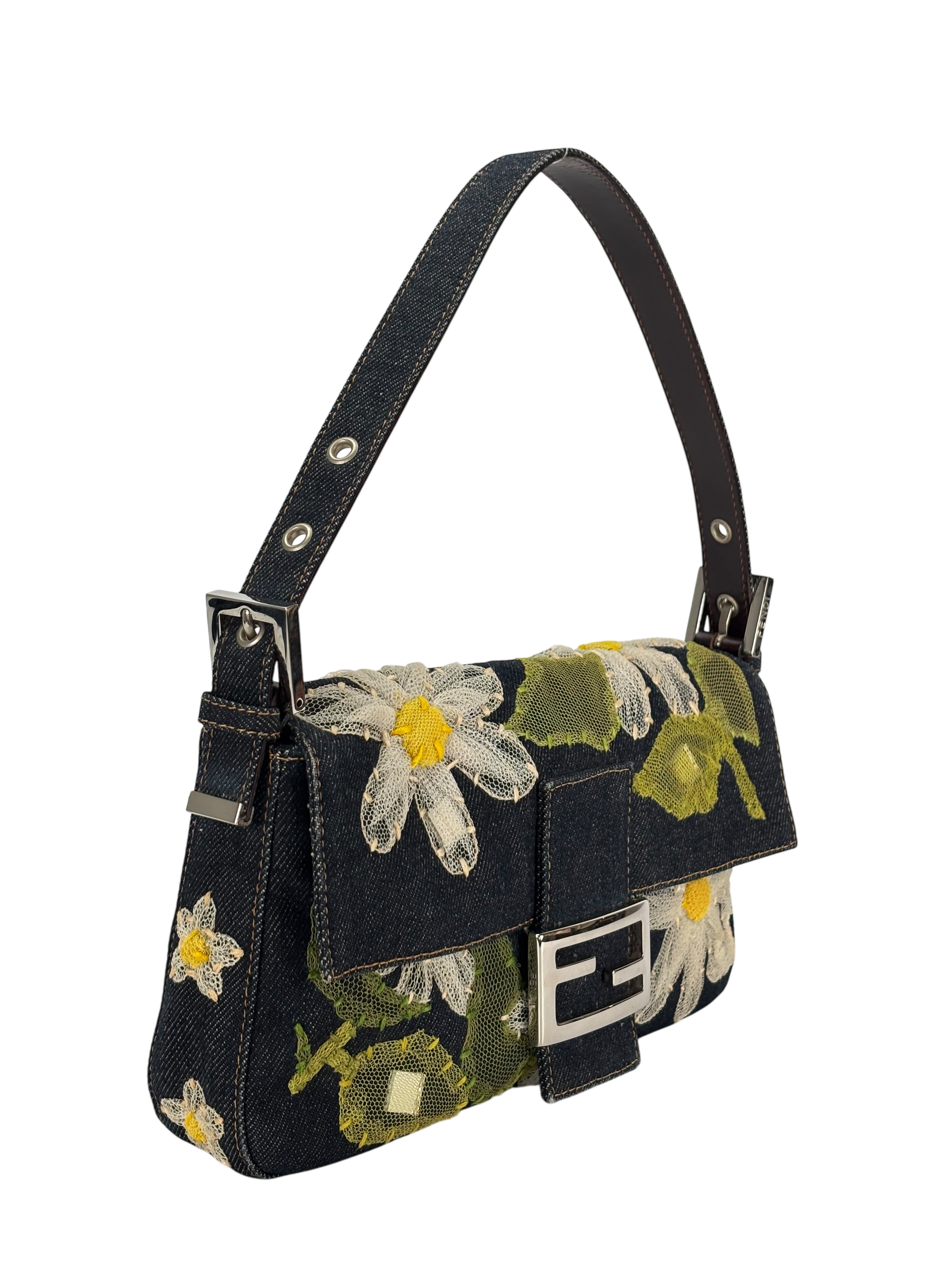 FENDI - Small Baguette Bag Denim Flower Navy