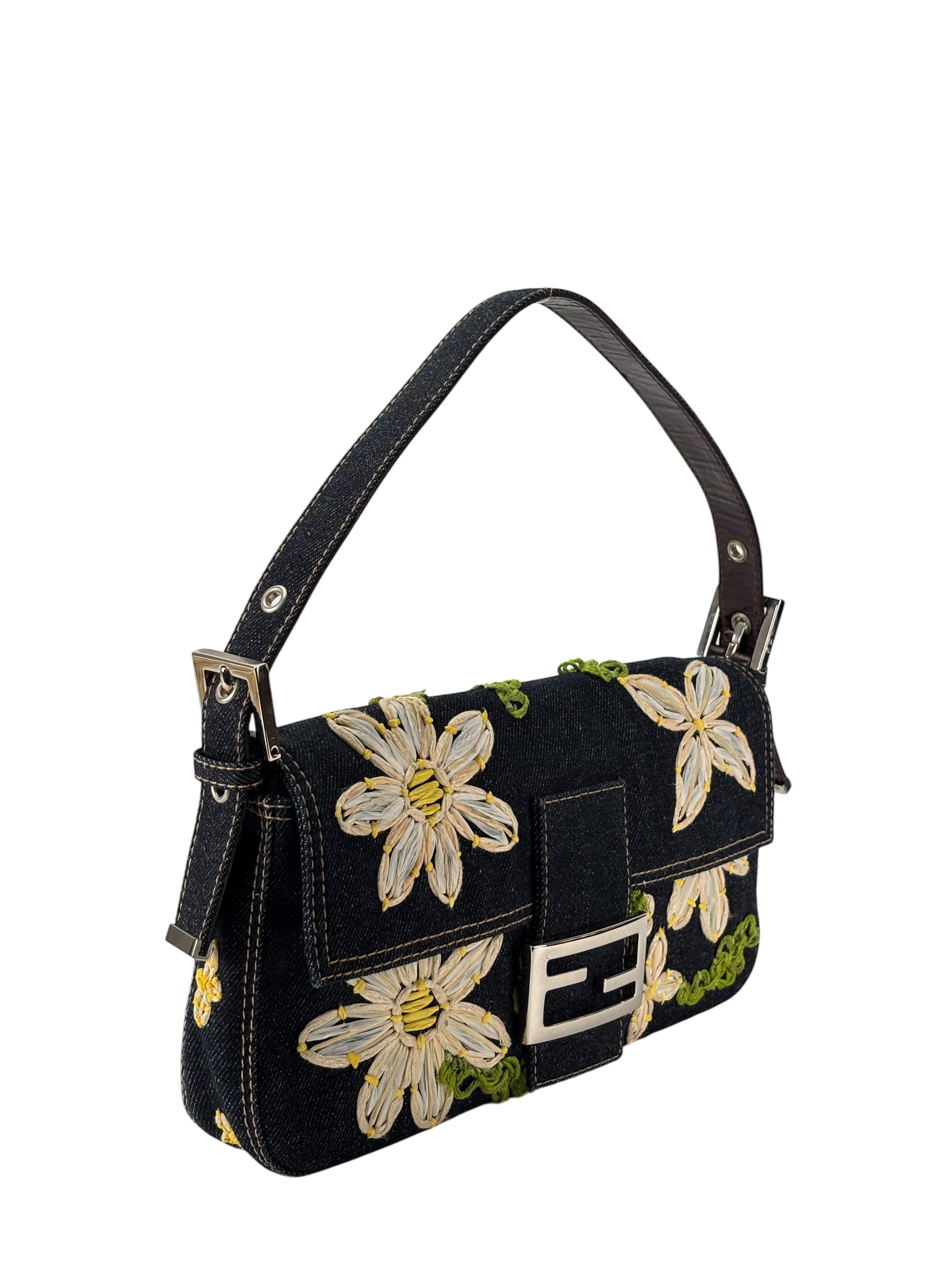 FENDI - Small Baguette Bag Denim Flower Navy