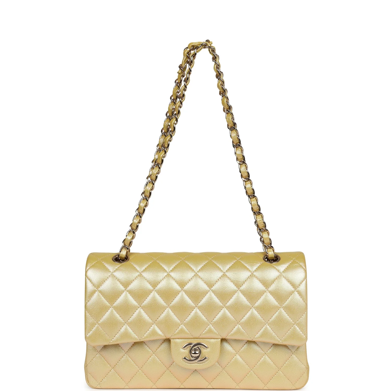 Chanel Medium Classic Double Flap Bag Yellow Iridescent Caviar Light Gold Hardware