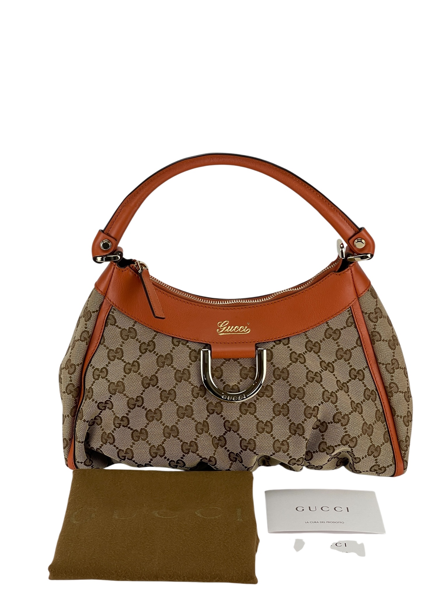 GUCCI - Beige Orange Canvas Leather Shima Abbey Hobo Bag