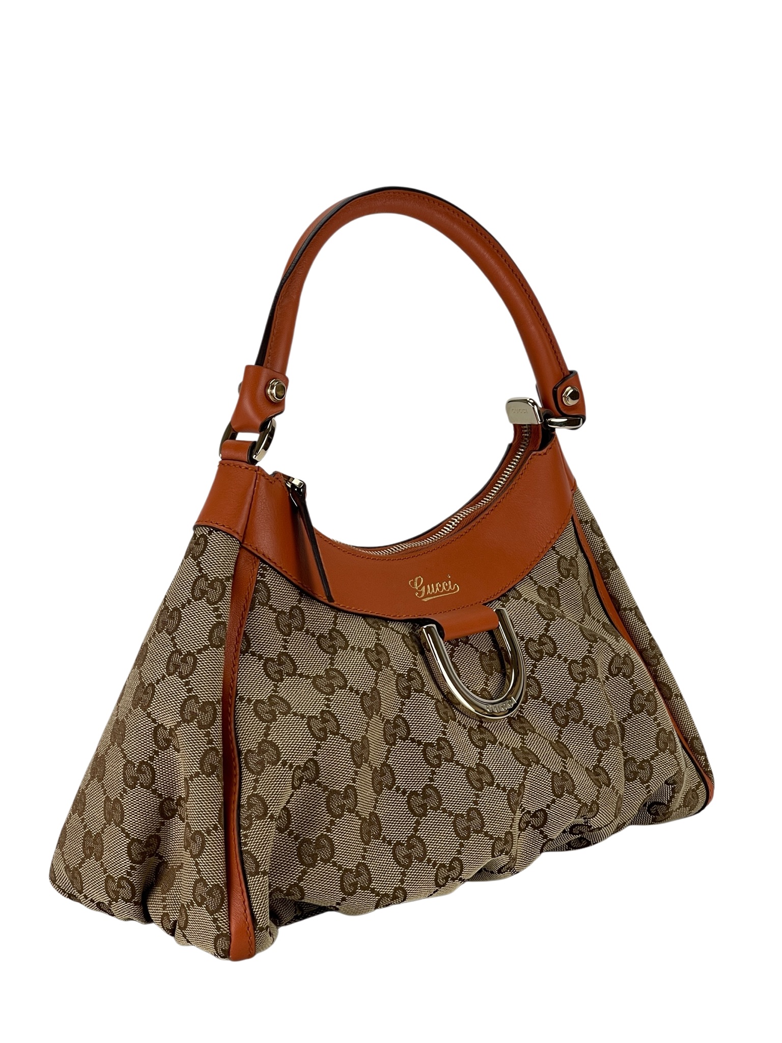 GUCCI - Beige Orange Canvas Leather Shima Abbey Hobo Bag