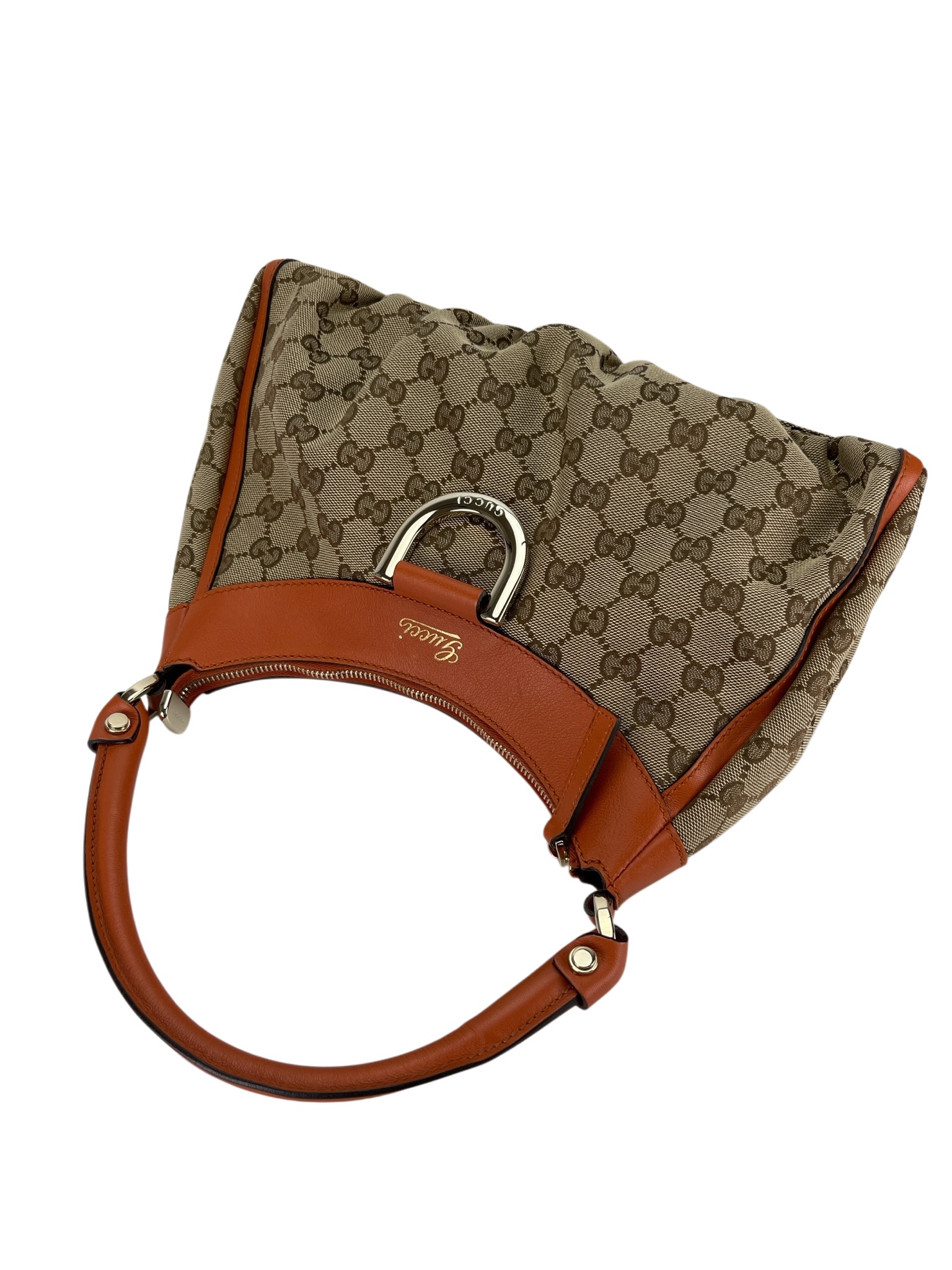 GUCCI - Beige Orange Canvas Leather Shima Abbey Hobo Bag
