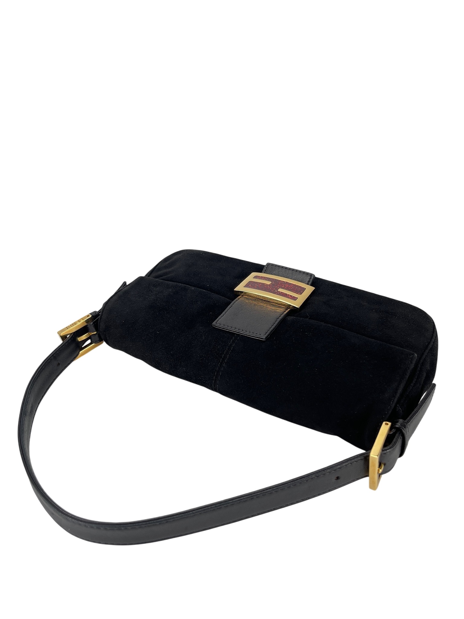 FENDI - Black Suede Baguette Handbag Gold Hardware