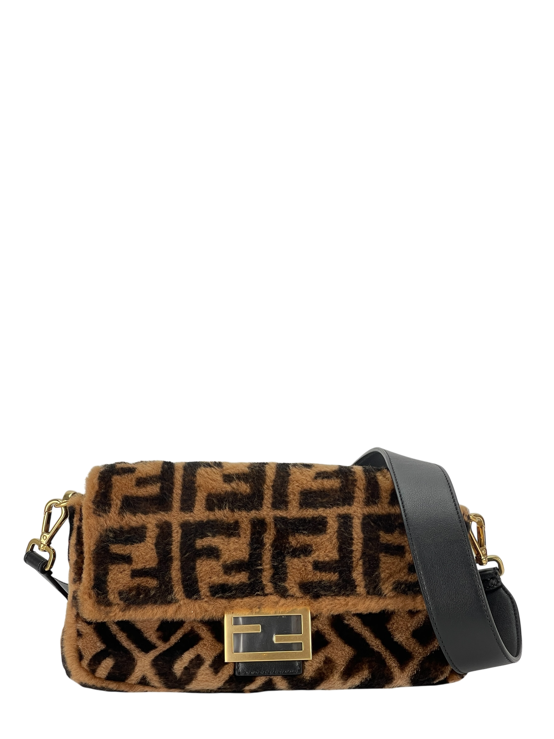 FENDI - Baguette Shoulder Bag Brown Zucca Shearling and Leather