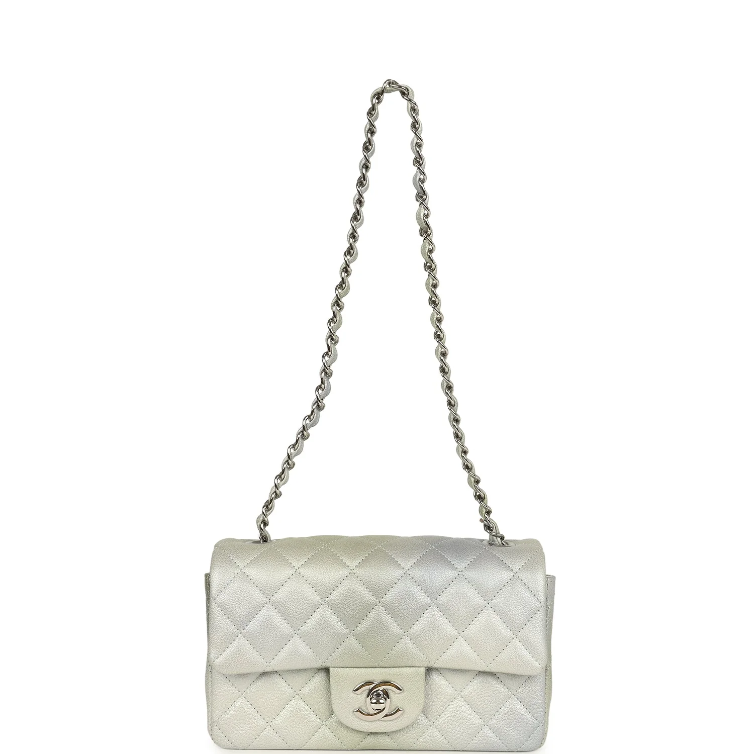 Chanel Mini Classic Rectangular Flap Bag Grey and Green Ombre Iridescent Goatskin Silver Hardware