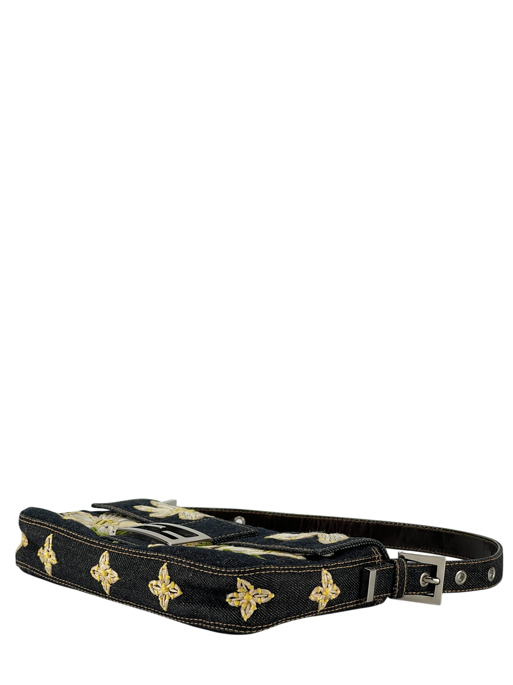 FENDI - Blue Denim Baguette in Dark Embroided Flowers