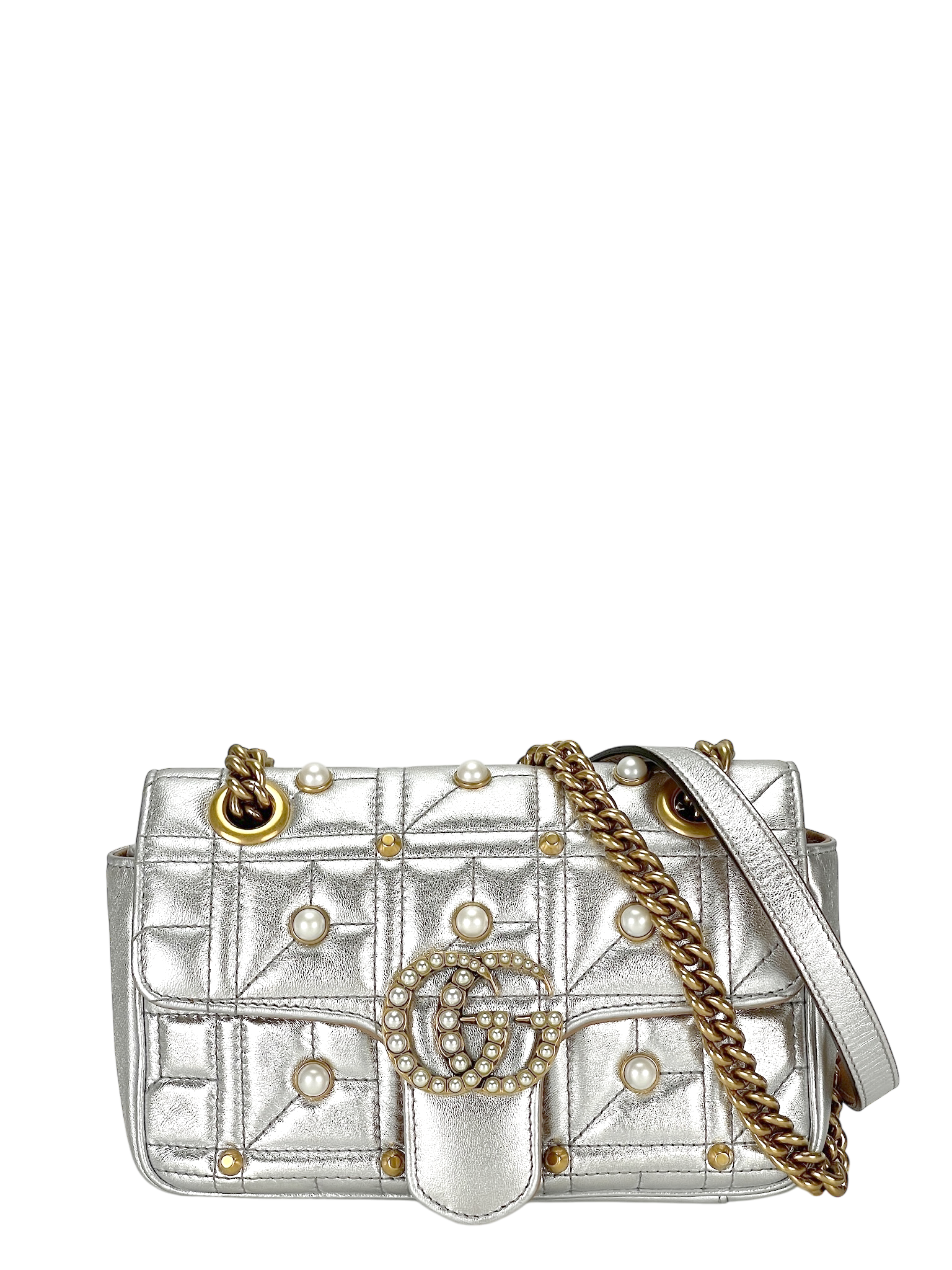 GUCCI - Matelasse Studded Mini Pearly GG Marmont Shoulder Bag Silver Metallic Calfskin
