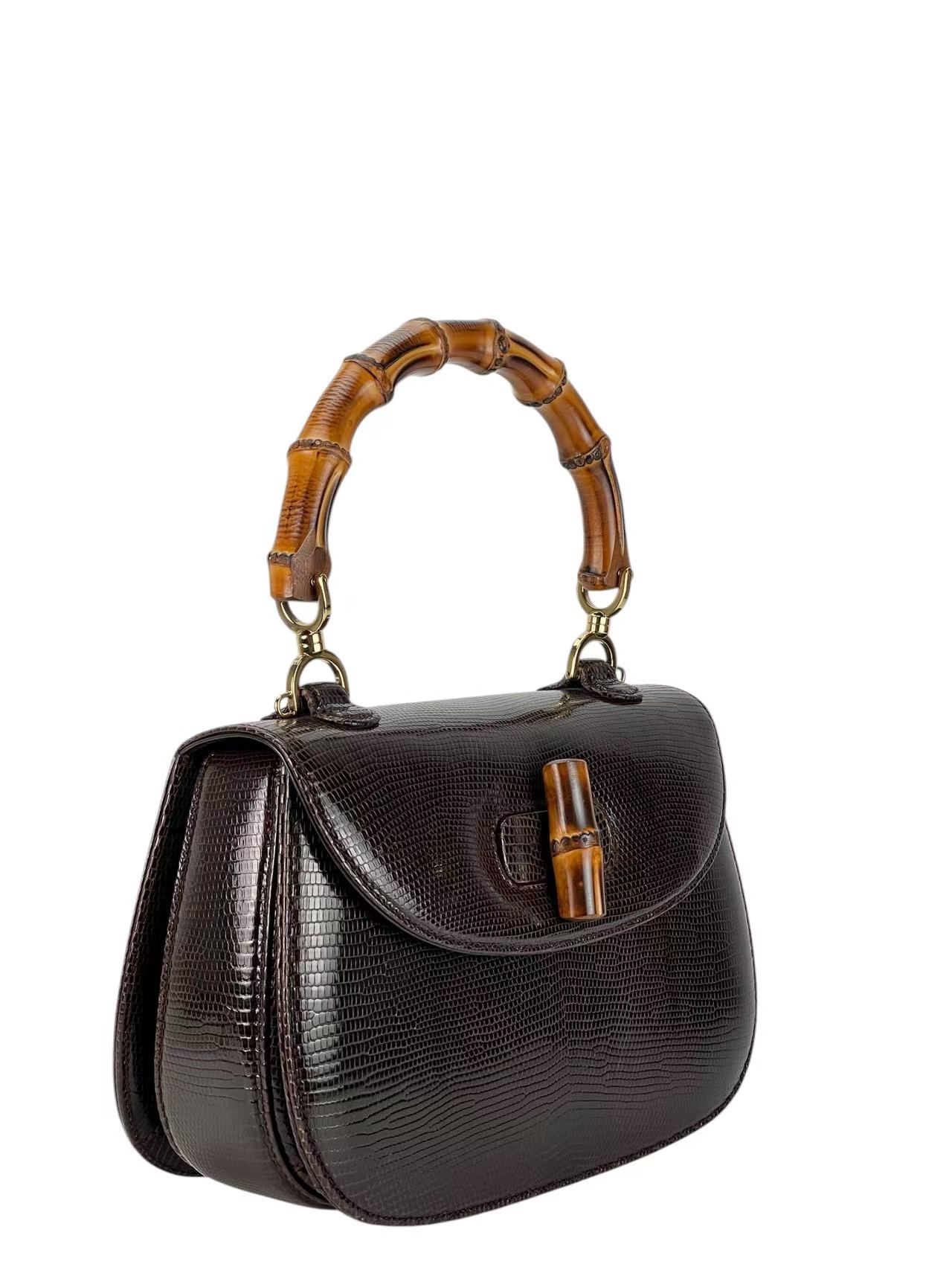 GUCCI - Brown Lizard Leather Bamboo Handbag