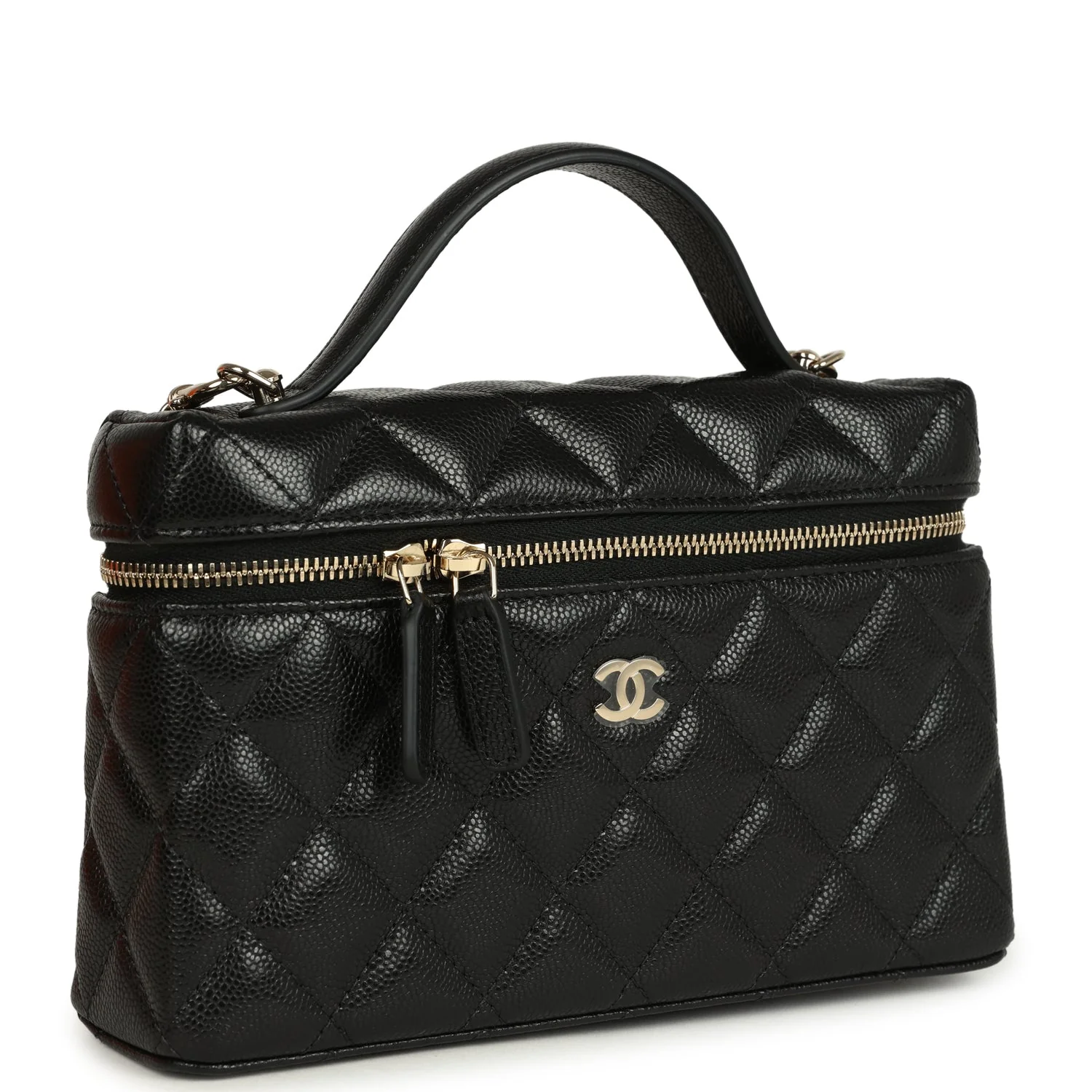 Chanel Top Handle Long Vanity Case with Chain Black Shiny Caviar Light Gold Hardware