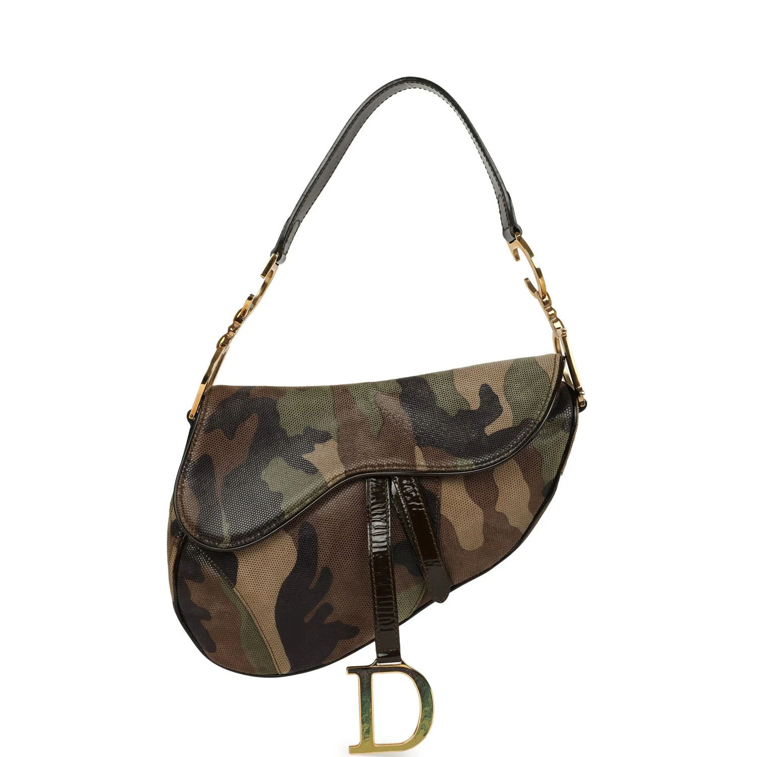 Vintage Christian Dior Camouflage Saddle Bag Green and Brown Suede Gold Hardware