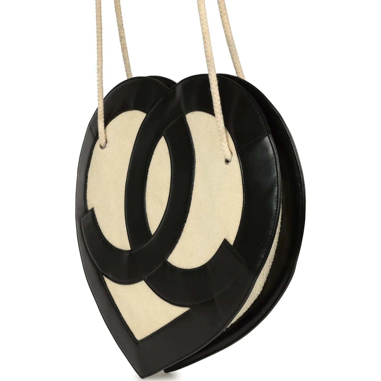 Pre-owned Chanel Jumbo Heart Tote Bag Cream Terry Cloth and Black Lambskin Silver Hardware