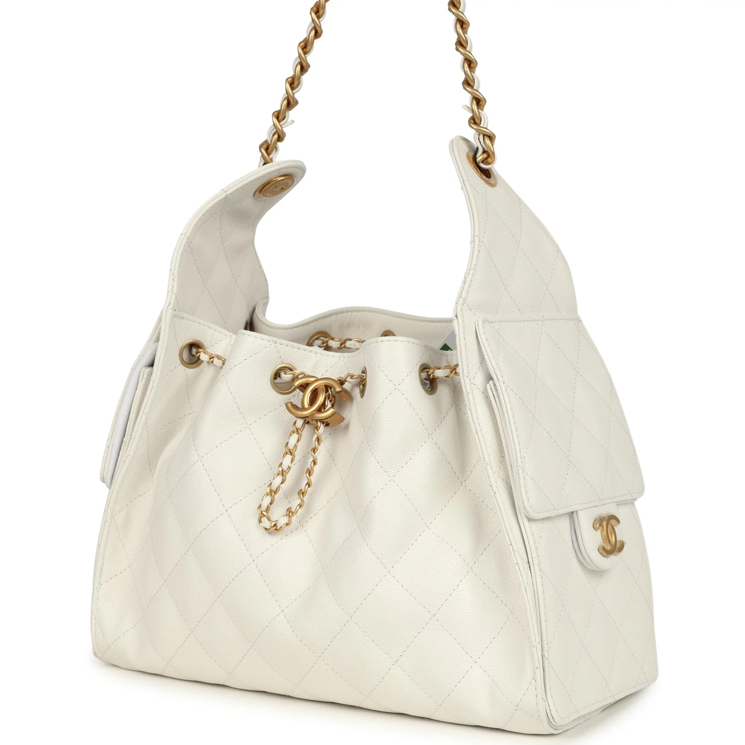 Chanel Small 25 Hobo Bag White Caviar Antique Gold Hardware
