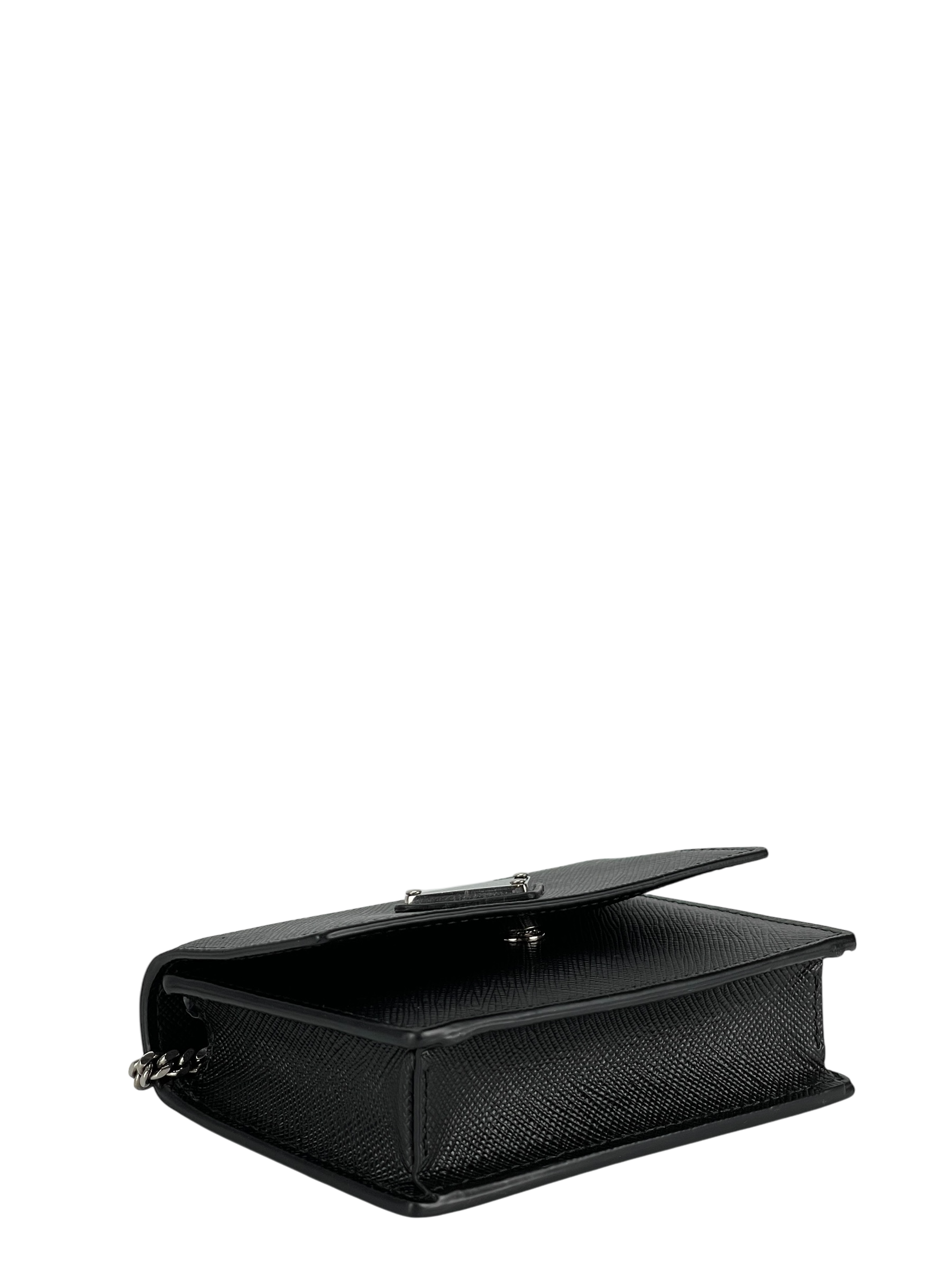 PRADA - Black Saffiano leather card holder with shoulder strap